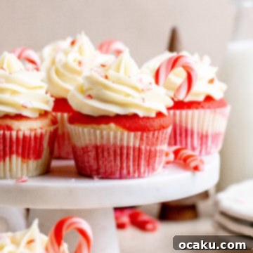 White Chocolate Peppermint Cupcakes with a swirl of frosting and candy cane decorations.