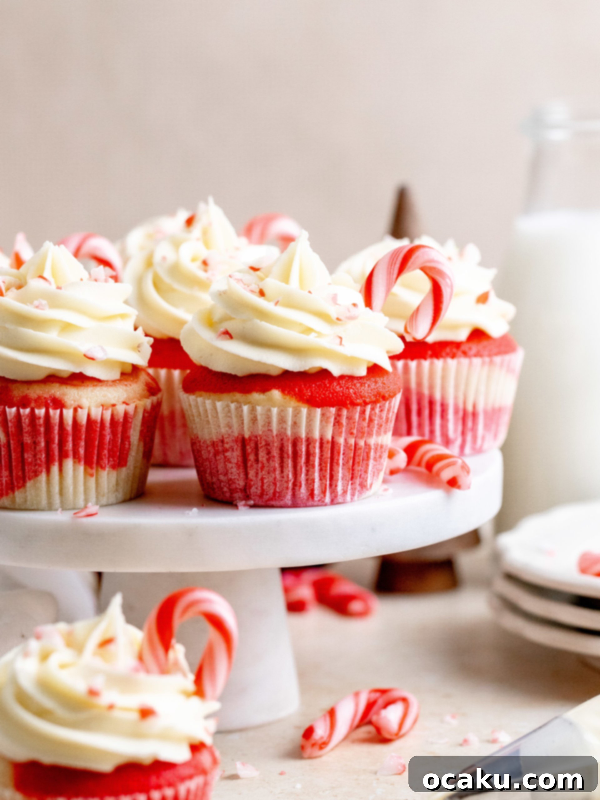 Another close-up of a festive white chocolate peppermint cupcake.