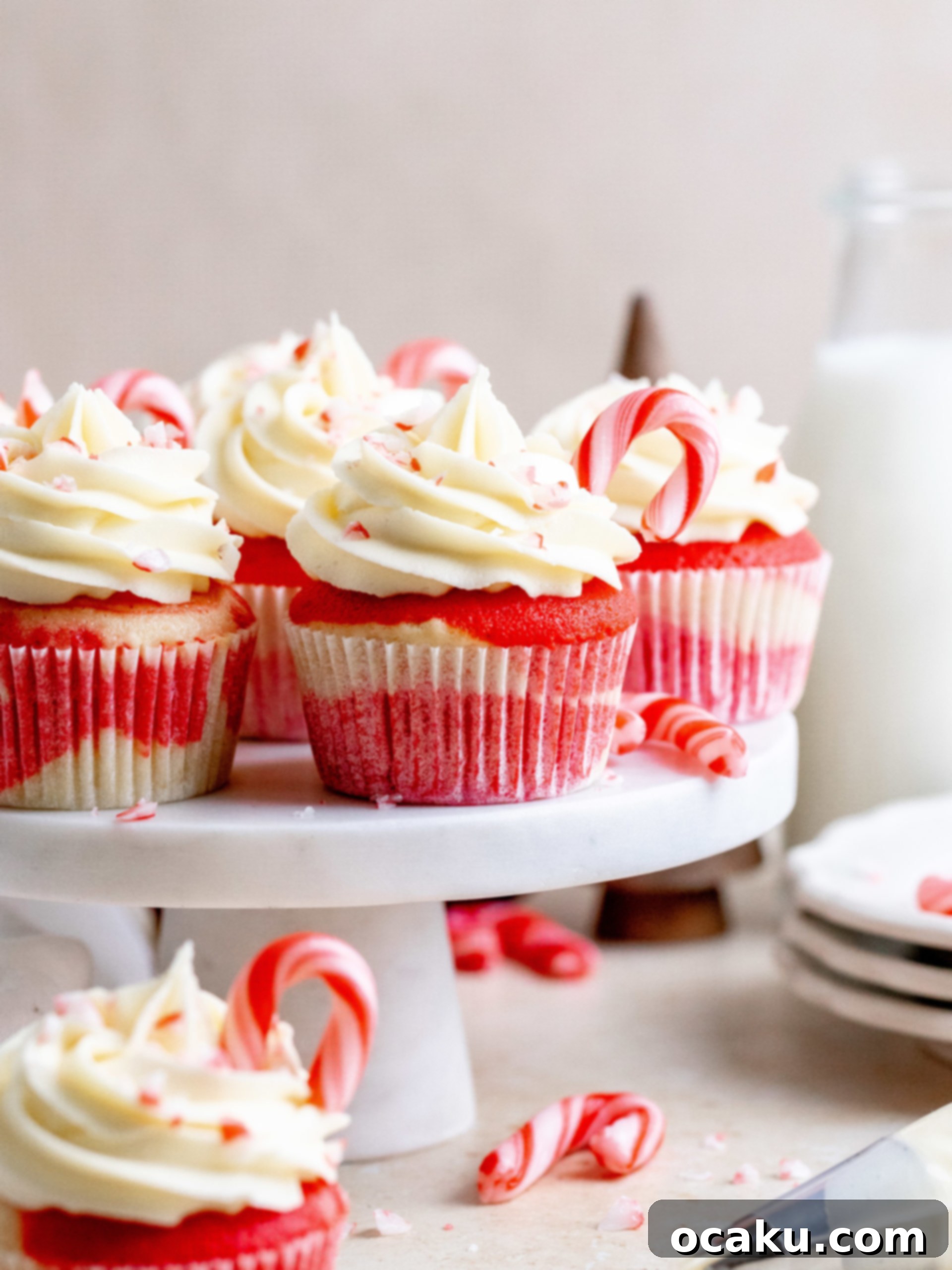 A perfectly frosted white chocolate peppermint cupcake ready to eat.