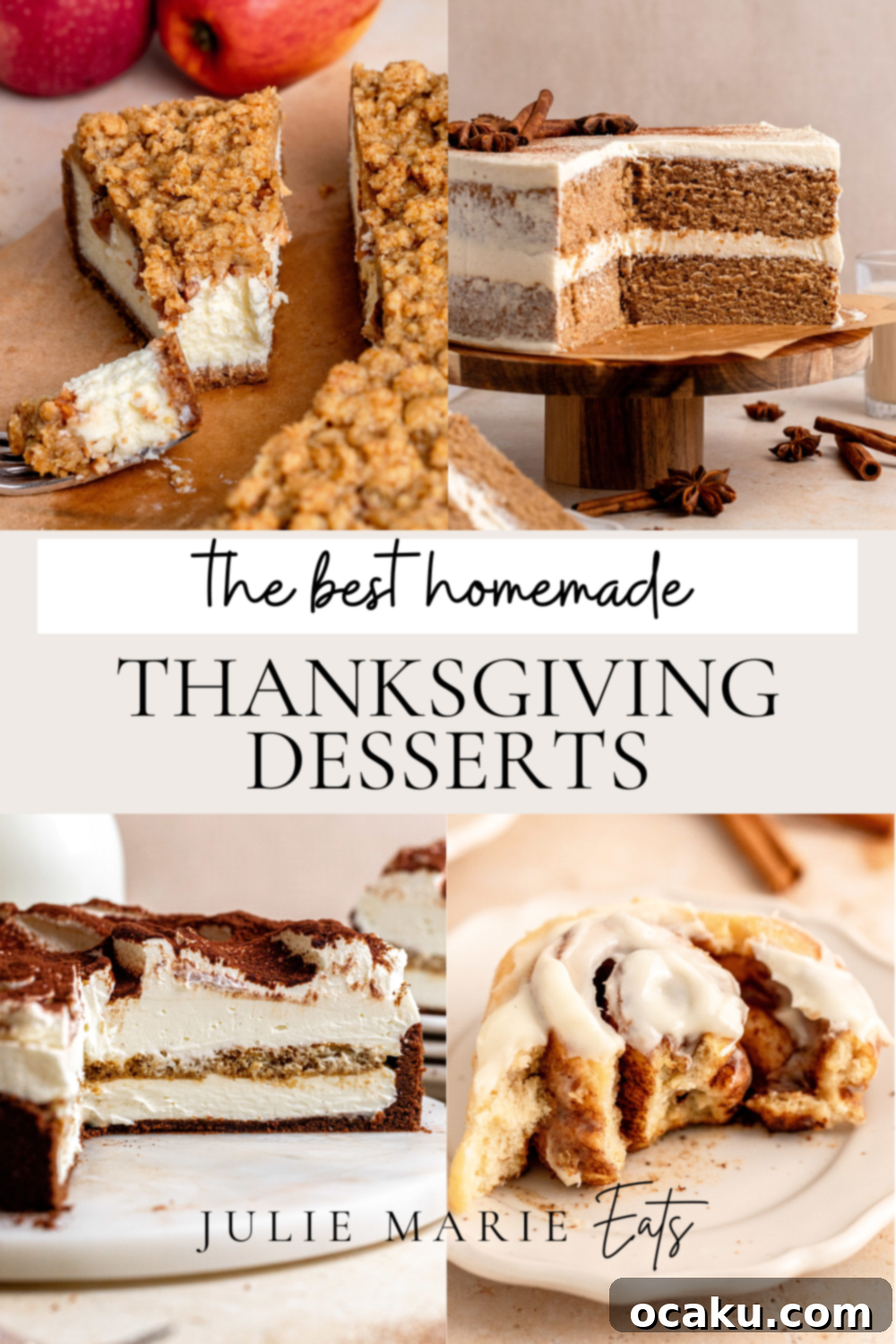 Thanksgiving Sweet Endings 2 Thanksgiving dessert spread with various cakes, cheesecakes, and muffins.