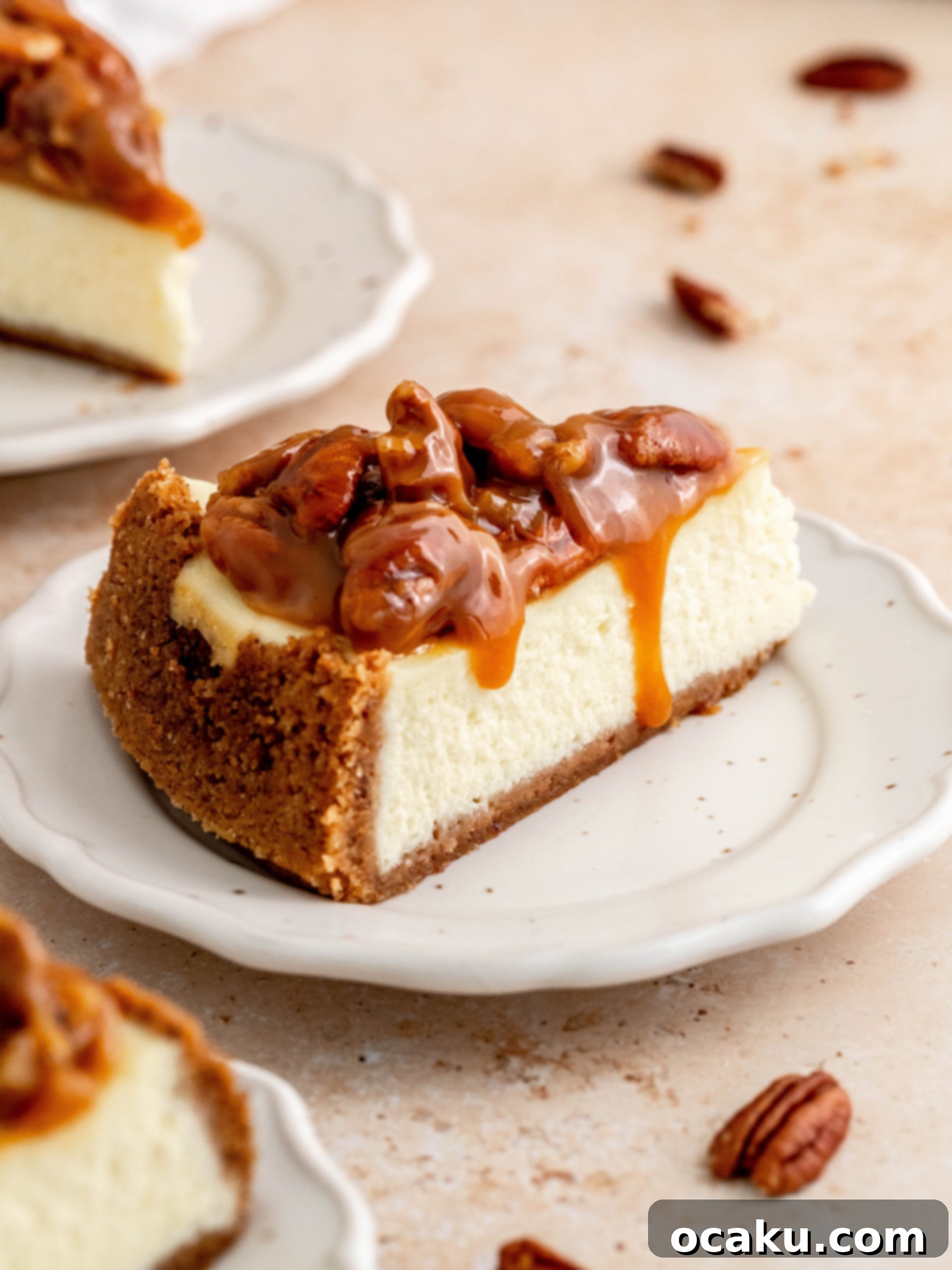 Thanksgiving Sweet Endings 17 Caramel Pecan Cheesecake slice.