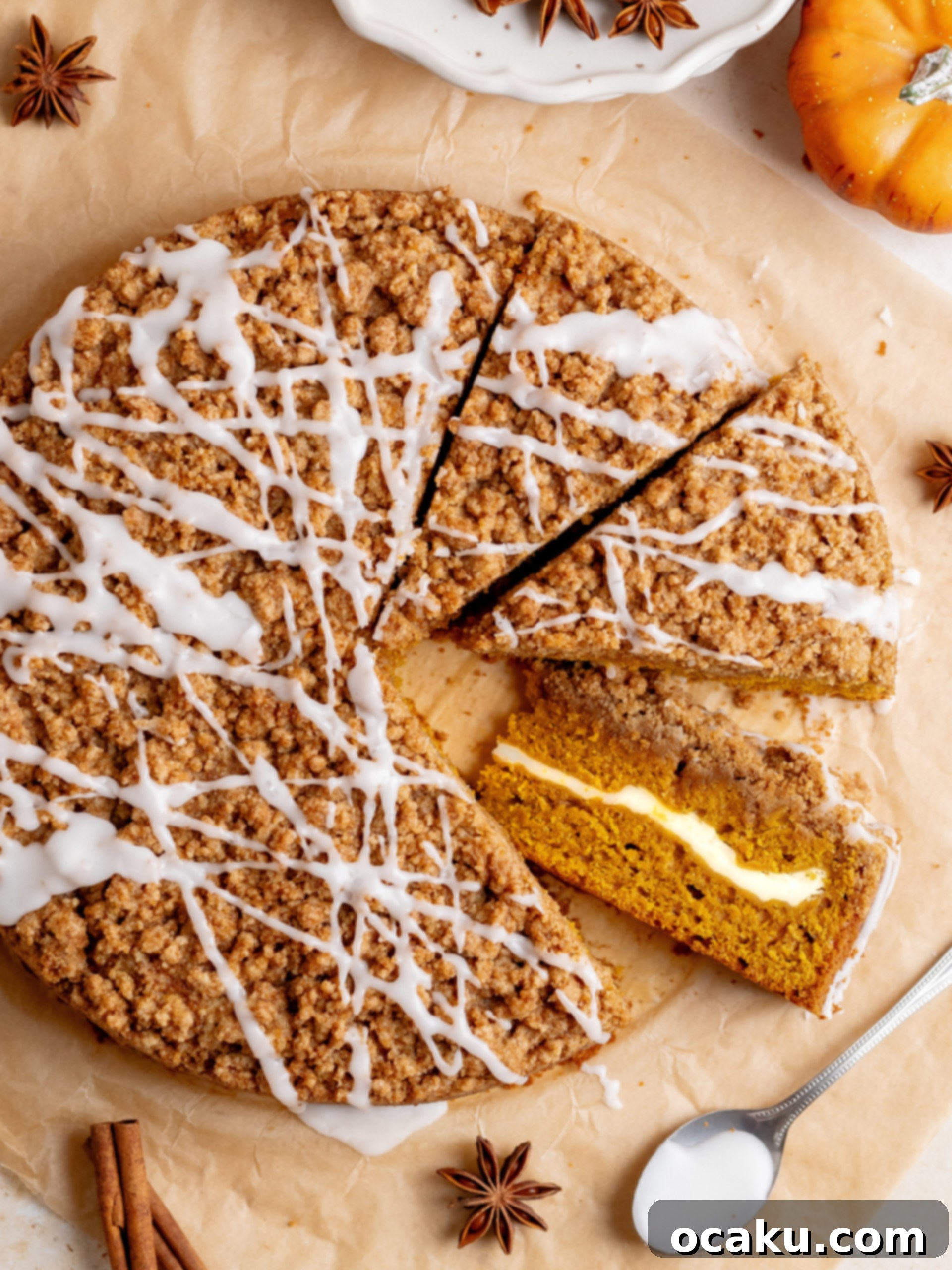 Thanksgiving Sweet Endings 8 Pumpkin Coffee Cake with Cream Cheese streusel topping.