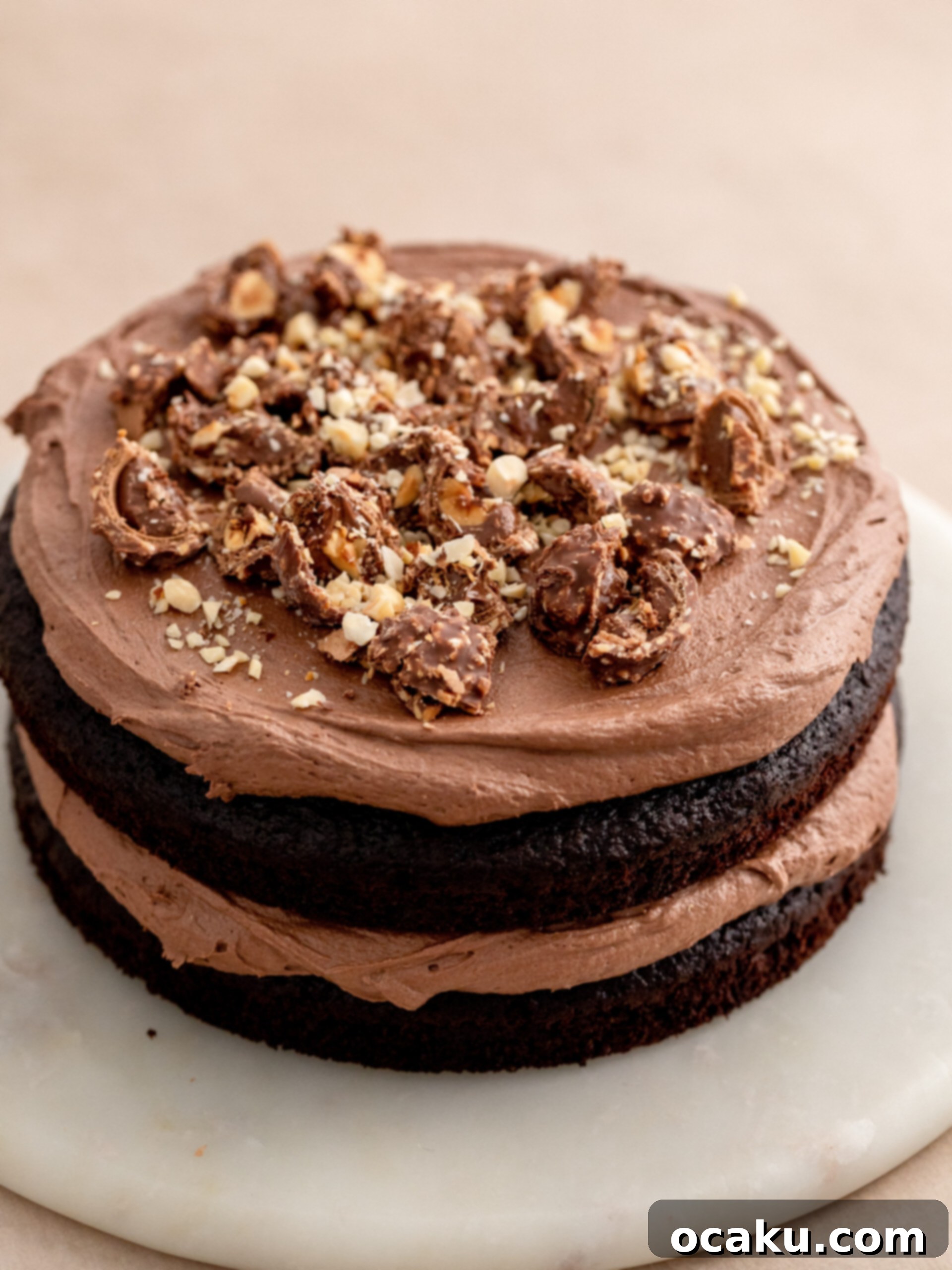 Ferrero Rocher Chocolate Hazelnut Cake 8 Close-up of Ferrero Rocher cake being frosted with Nutella buttercream.