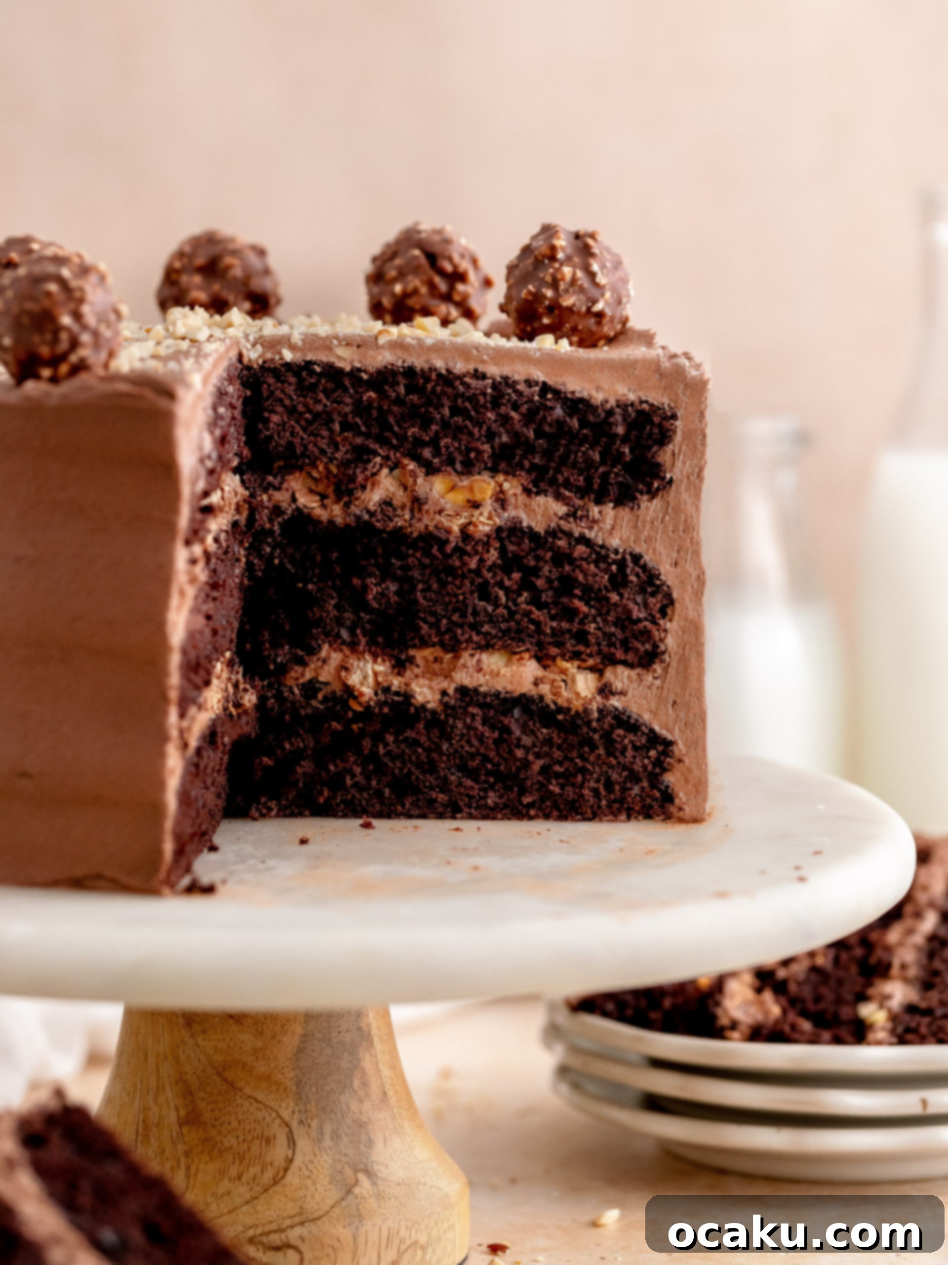 Ferrero Rocher Chocolate Hazelnut Cake 9 Beautifully decorated Ferrero Rocher cake, garnished with whole Ferrero Rochers and chopped hazelnuts.