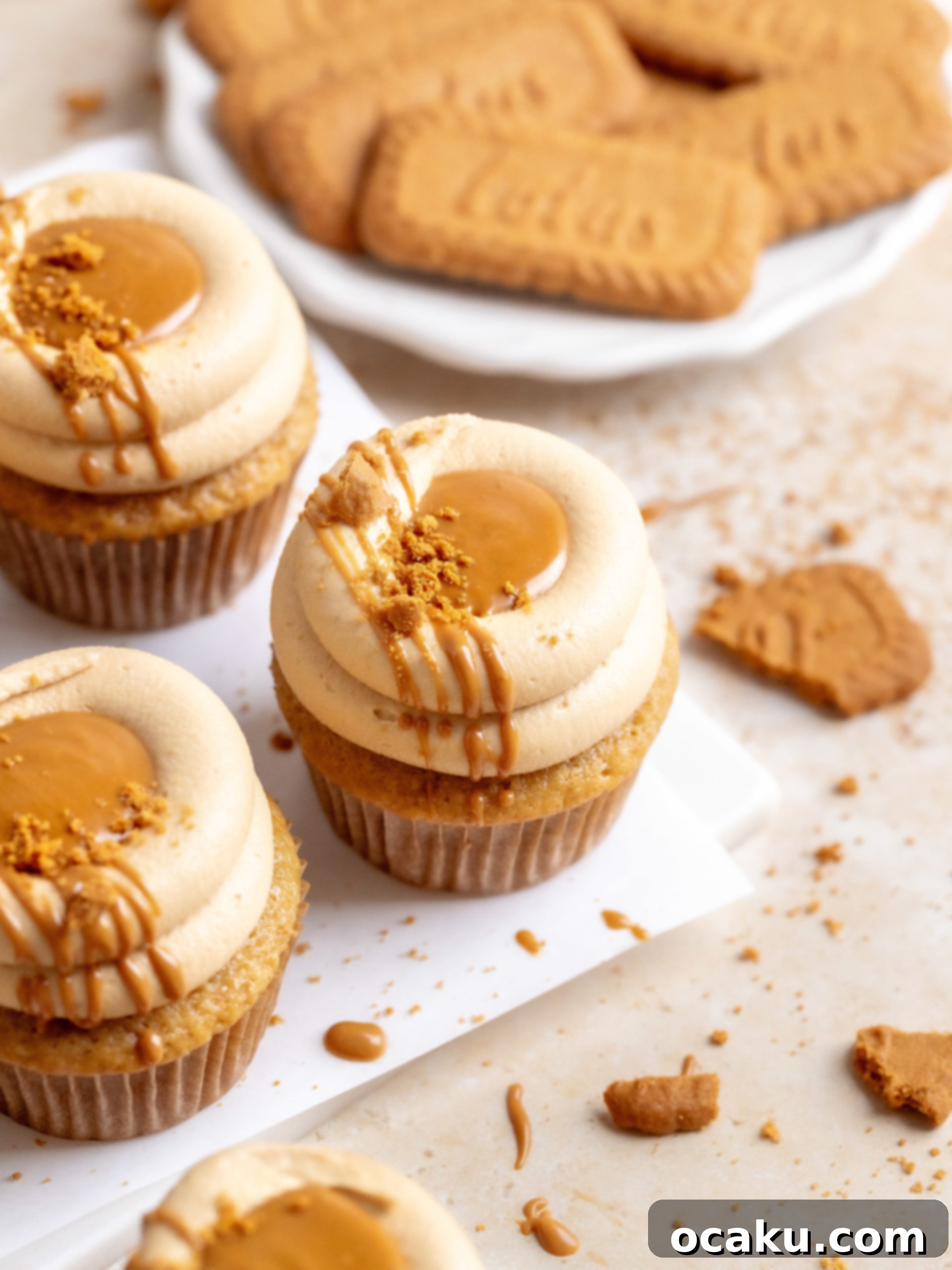 Close-up of a Biscoff cupcake with generous Biscoff buttercream and cookie crumbs on top.