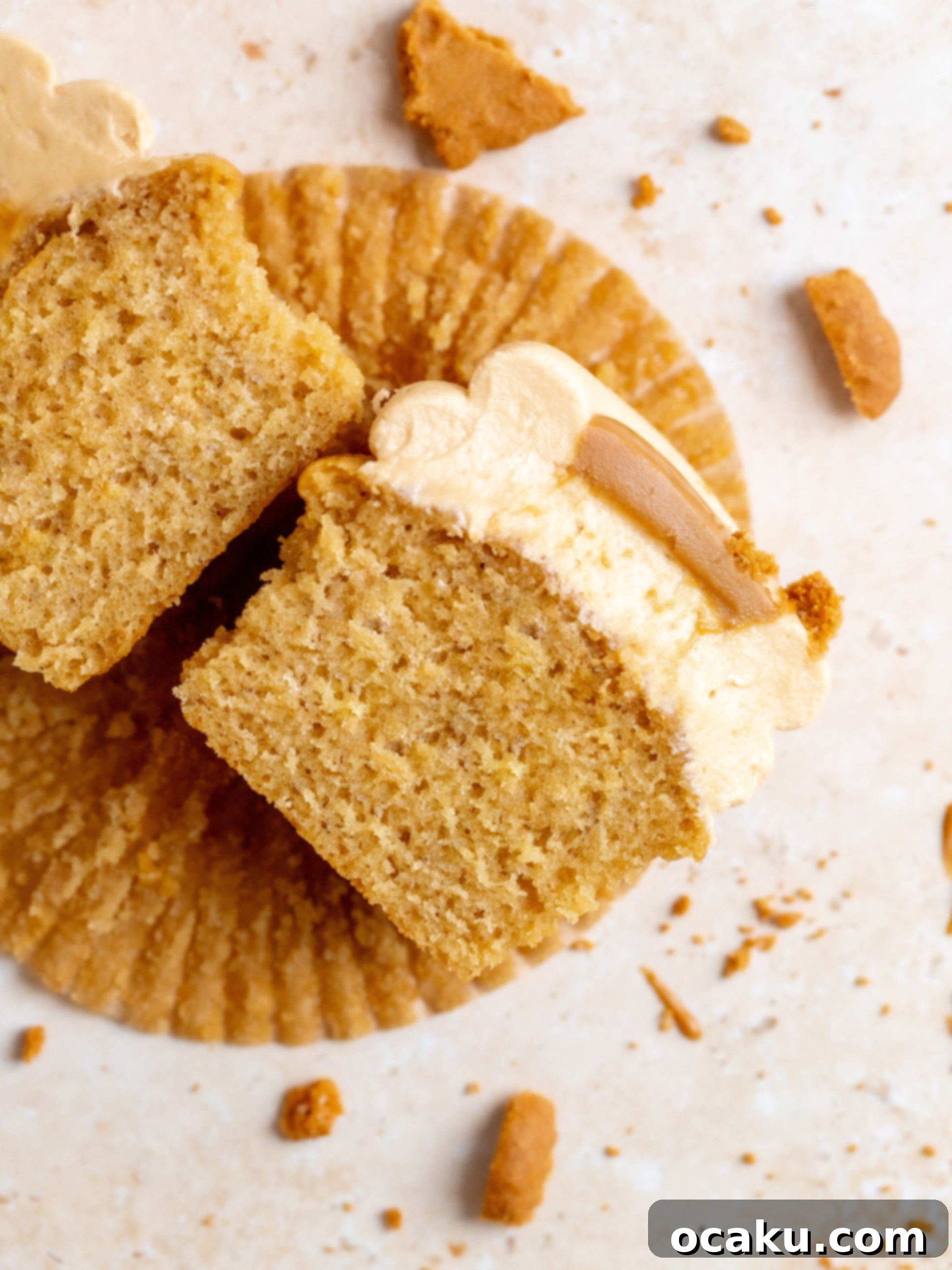 Two Biscoff cupcakes on a cooling rack, showing their moist interior and golden-brown exterior.