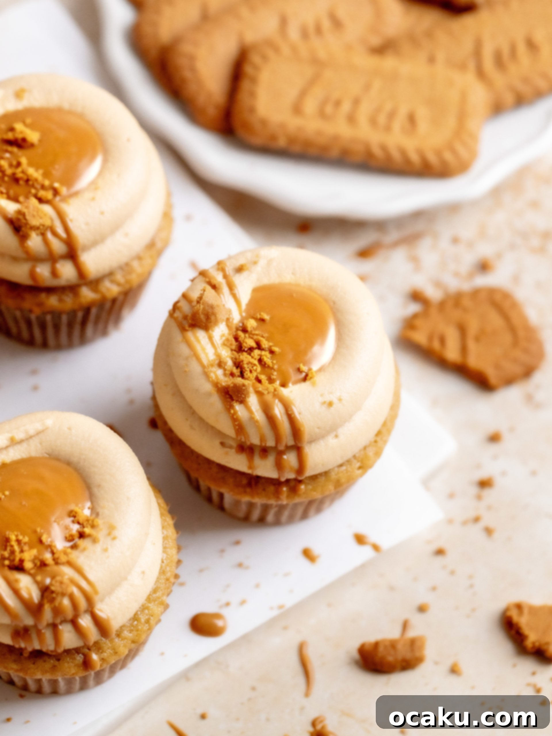 A row of beautifully frosted Biscoff cupcakes on a wire cooling rack, ready to be served.