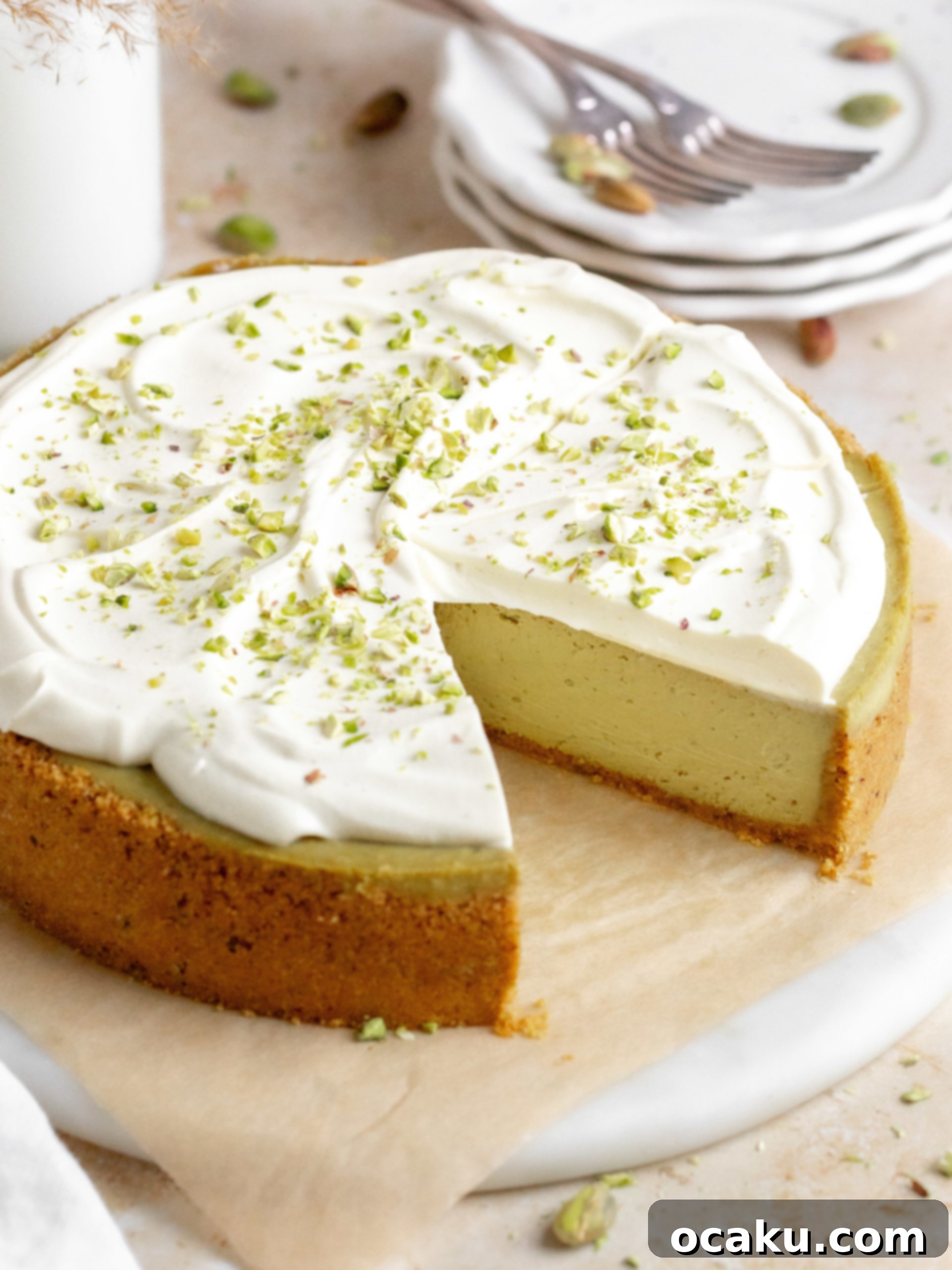Pistachio Cheesecake slice with whipped white chocolate ganache and chopped pistachios