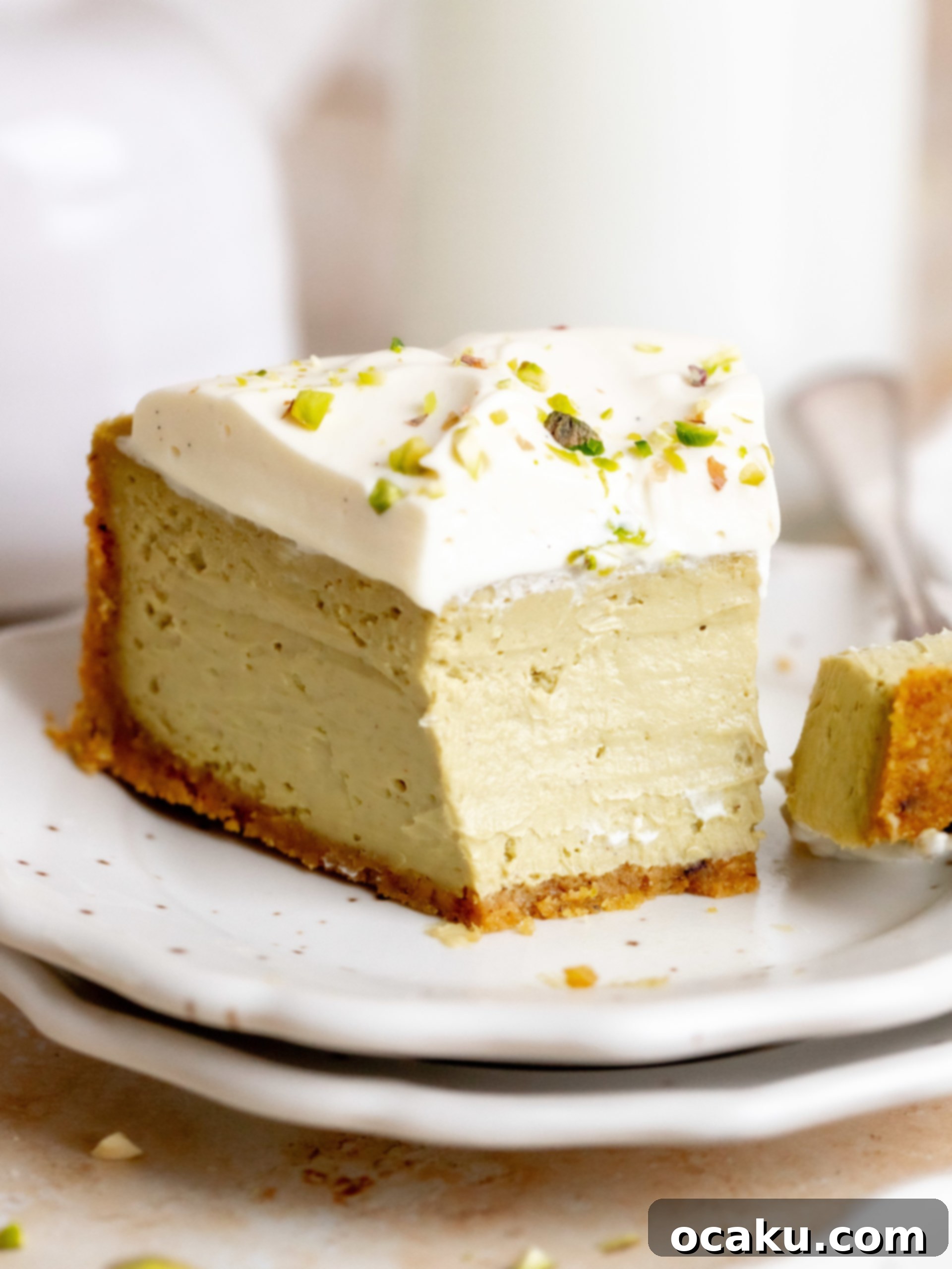 Slice of Pistachio Cheesecake on a plate