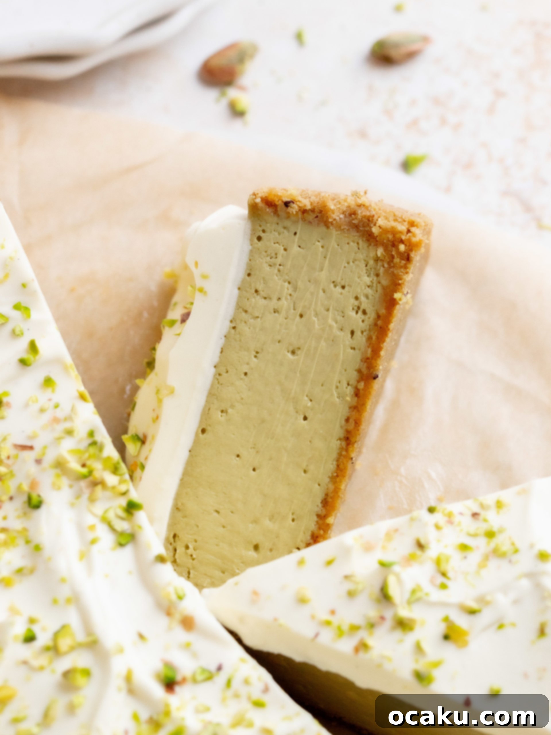 Close-up of Pistachio Cheesecake showing the creamy texture and pistachio pieces