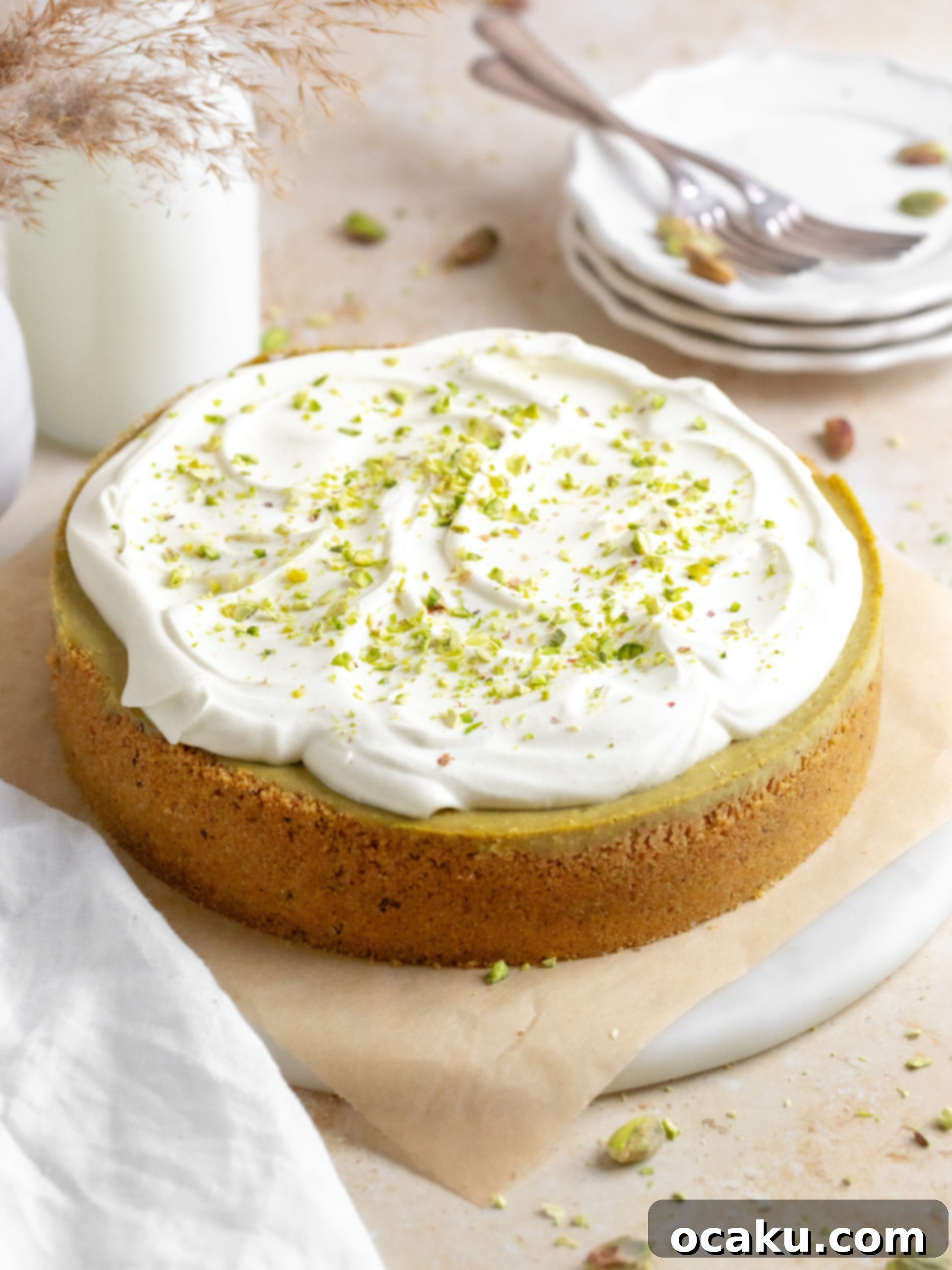 Pistachio cheesecake with whipped white chocolate ganache topping