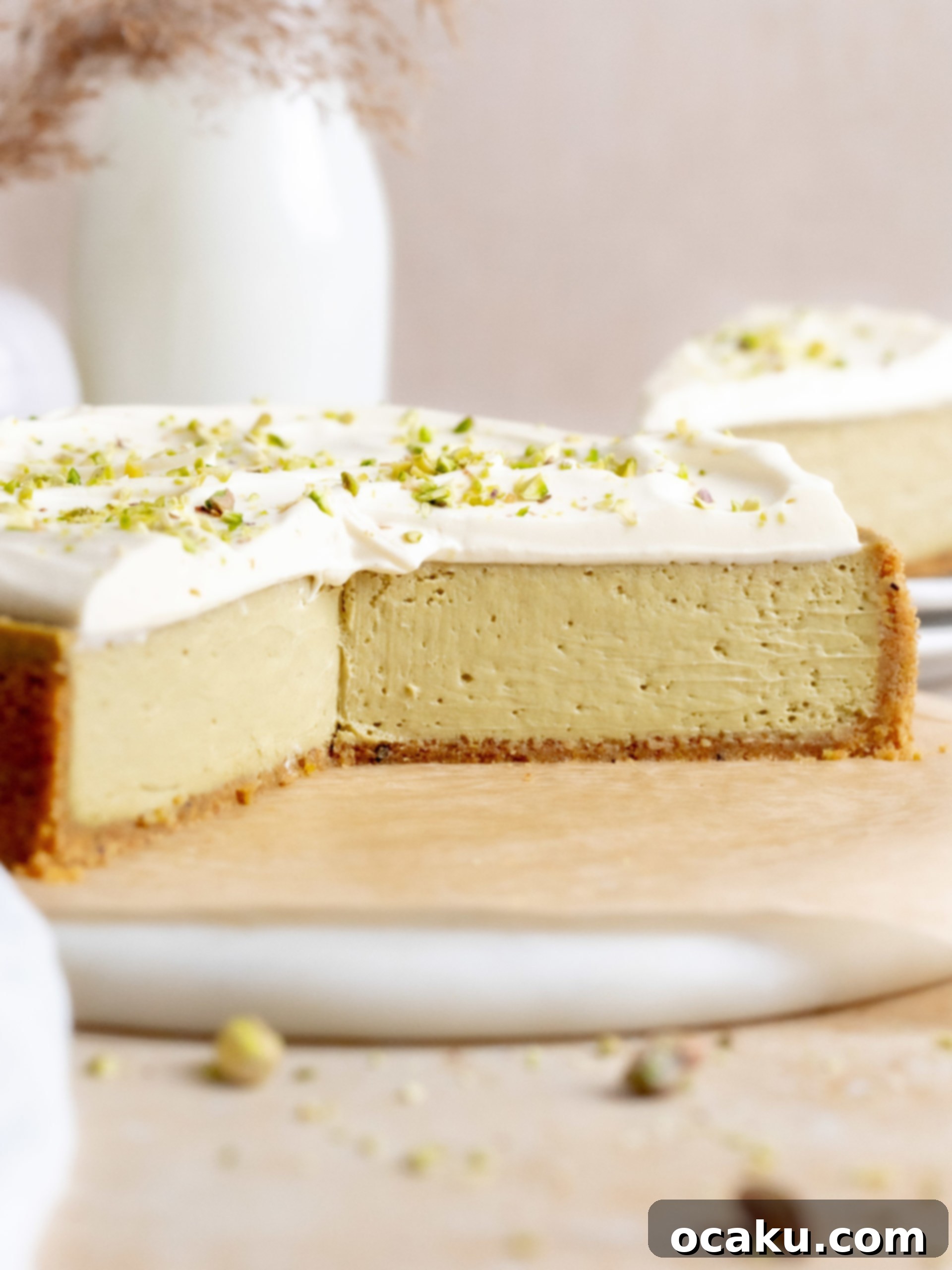 Whole Pistachio Cheesecake on a stand