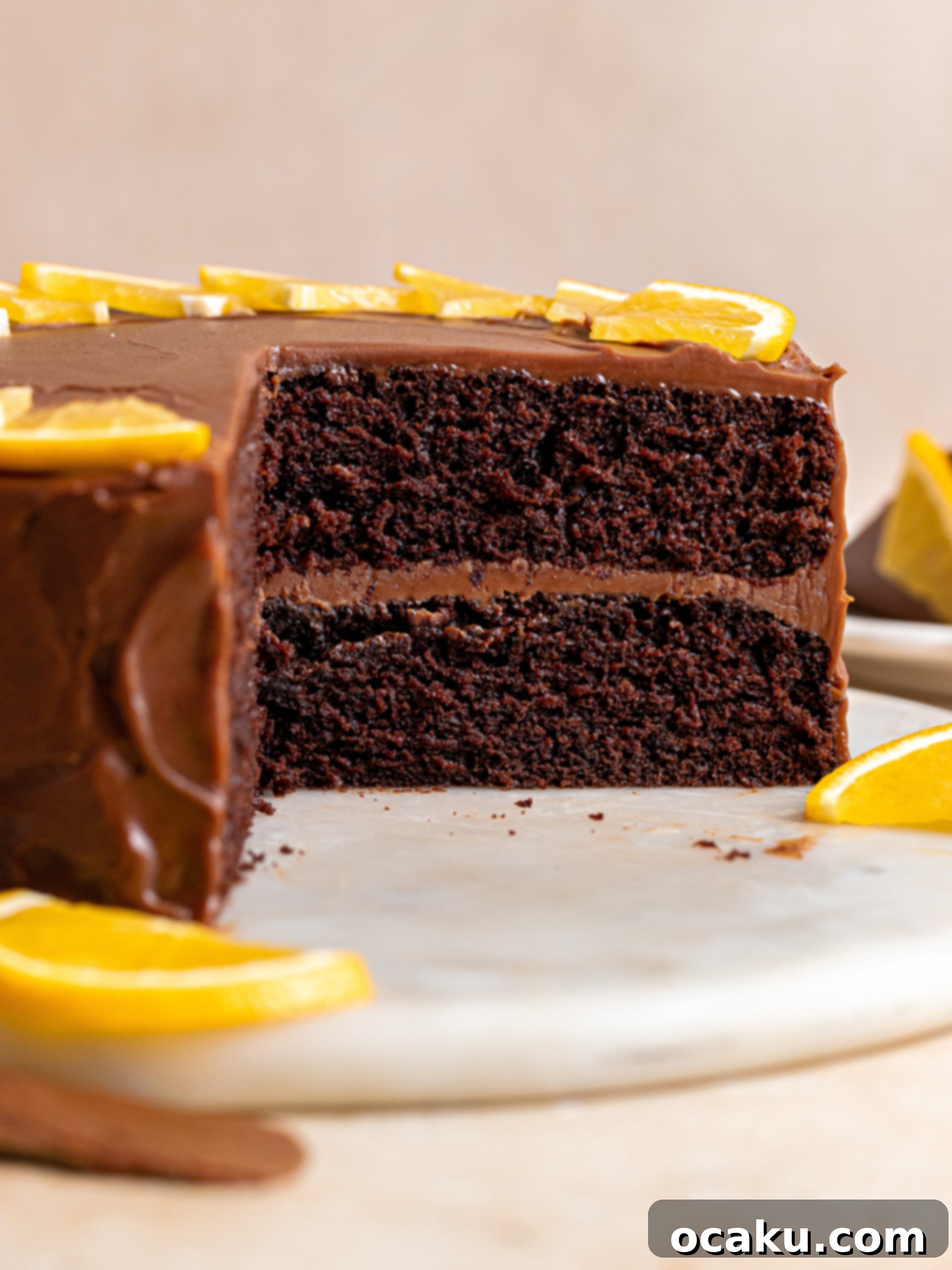 Close-up of the moist chocolate cake layers, revealing a fluffy texture and rich brown color.
