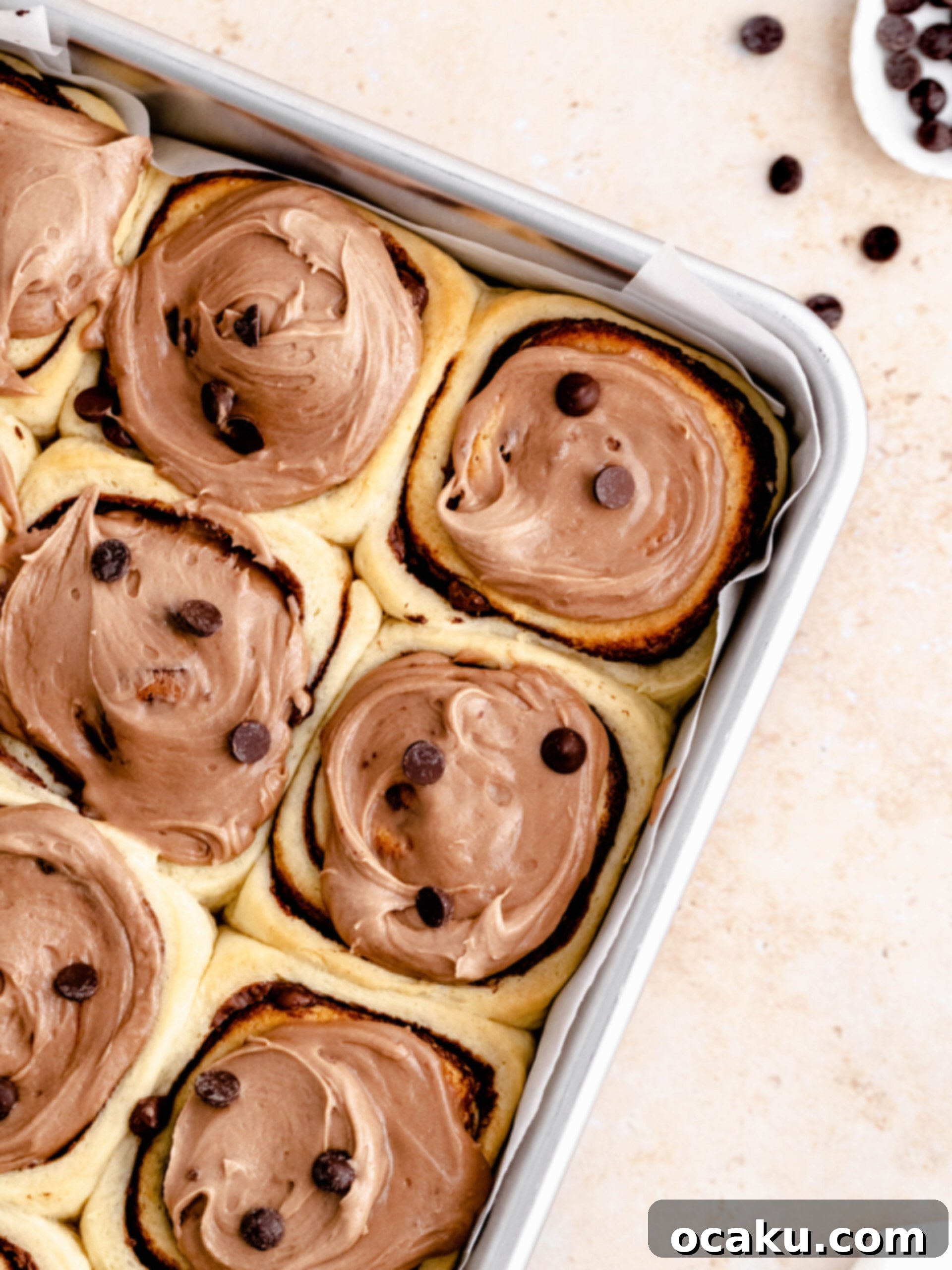 Decadent Nutella Swirls 5 A rectangular sheet of dough covered with Nutella and chocolate chips, ready to be rolled.