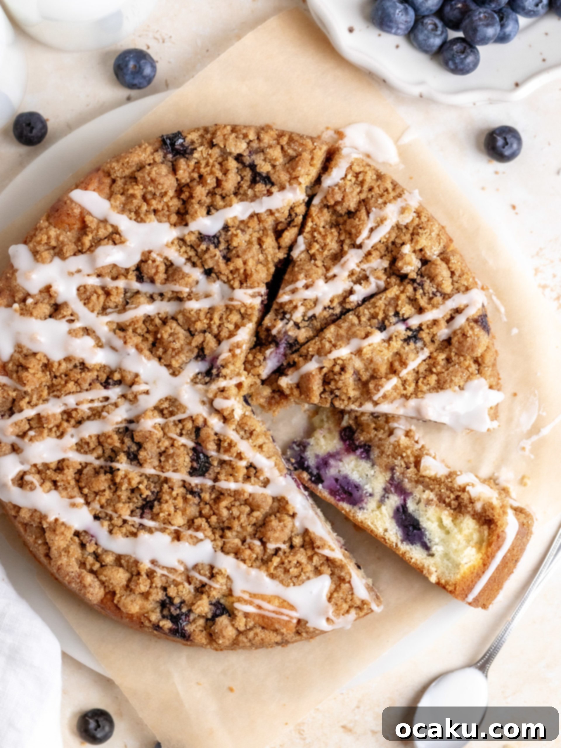 Close-up of blueberry coffee cake with golden-brown crumb topping before baking, showing the blueberries visible in the batter.