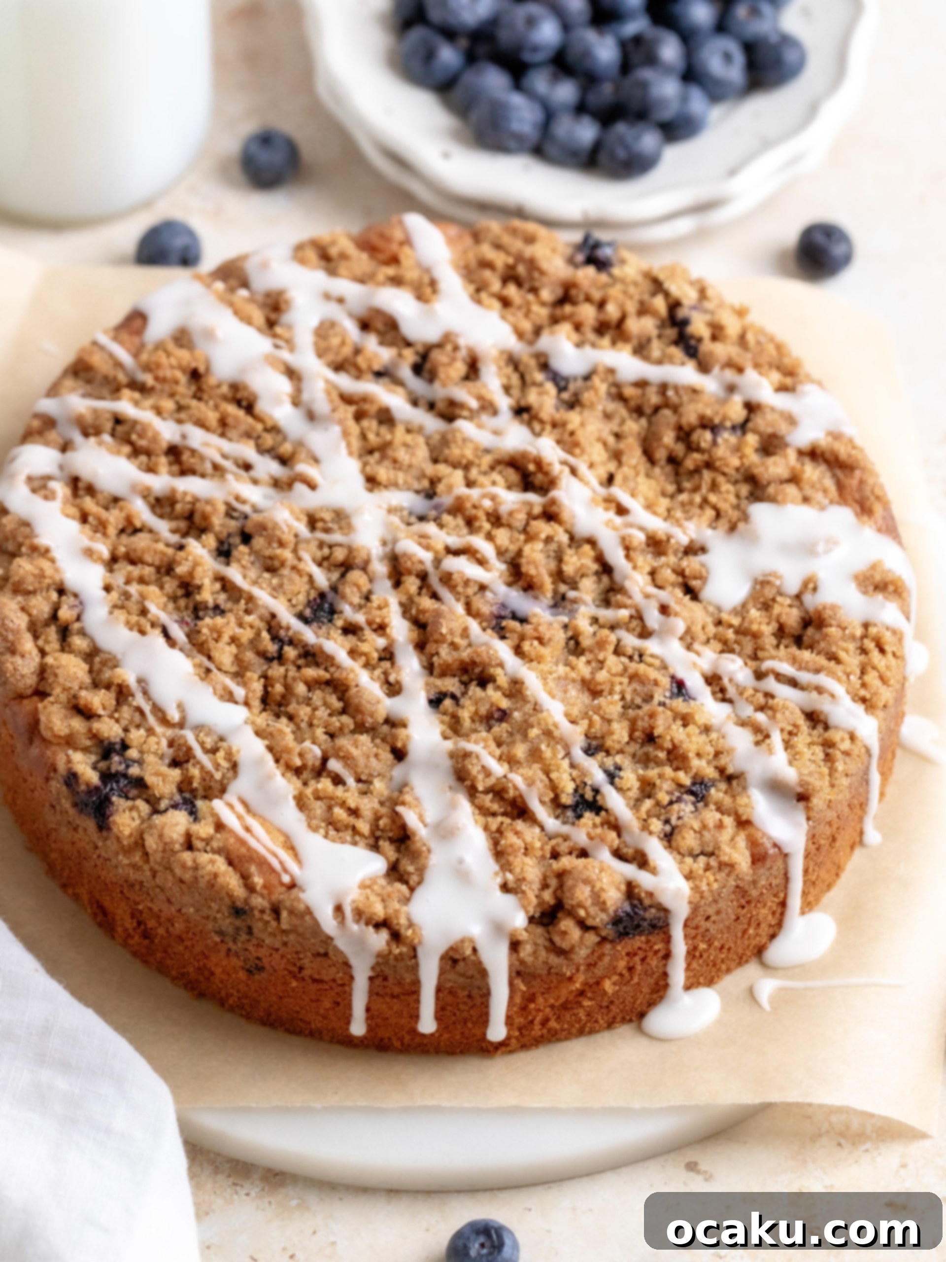 A beautifully baked whole blueberry coffee cake with generous crumble topping, cooling on a wire rack.