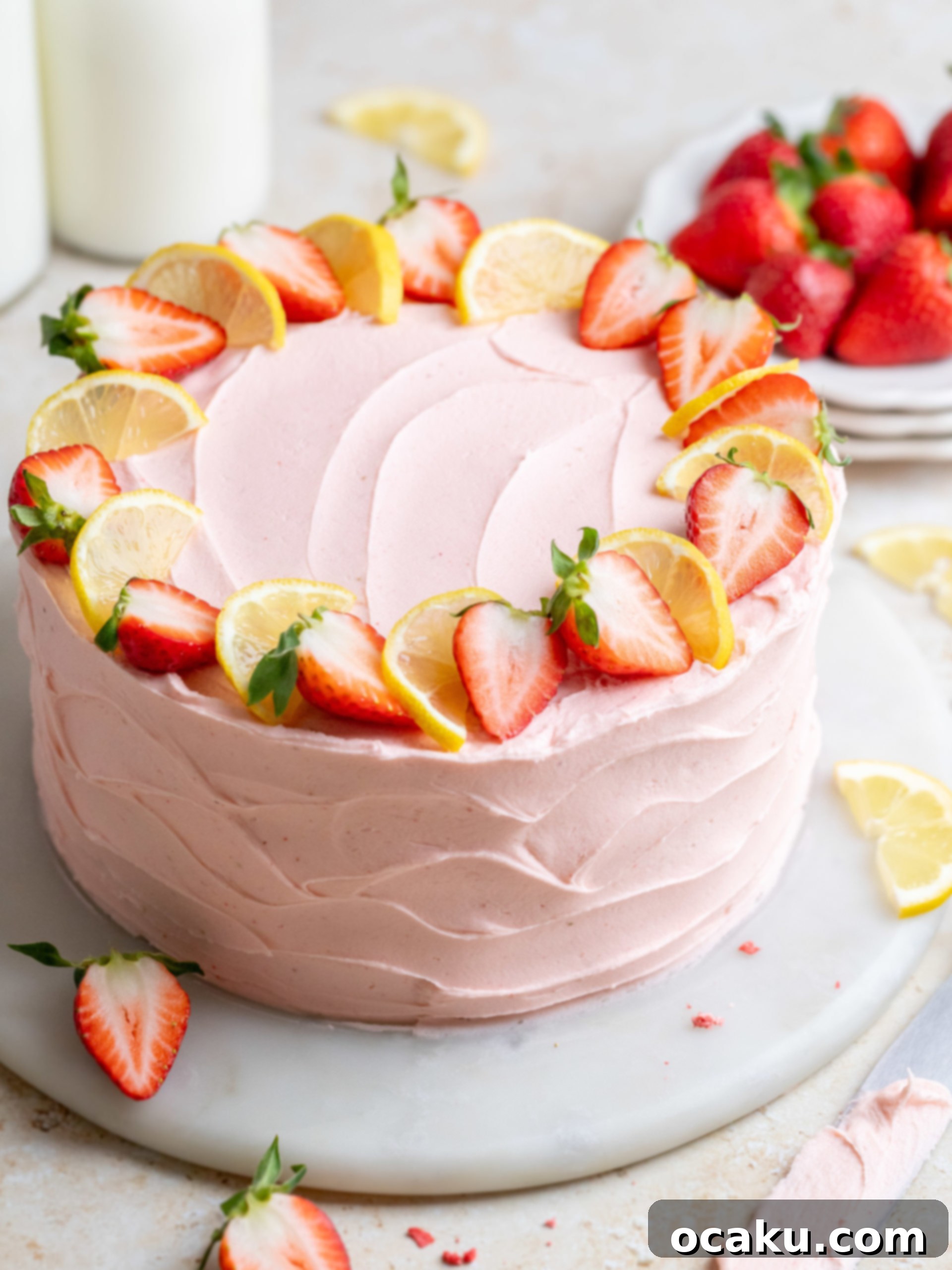 Beautifully decorated strawberry lemon layer cake on a stand, ready to be served.