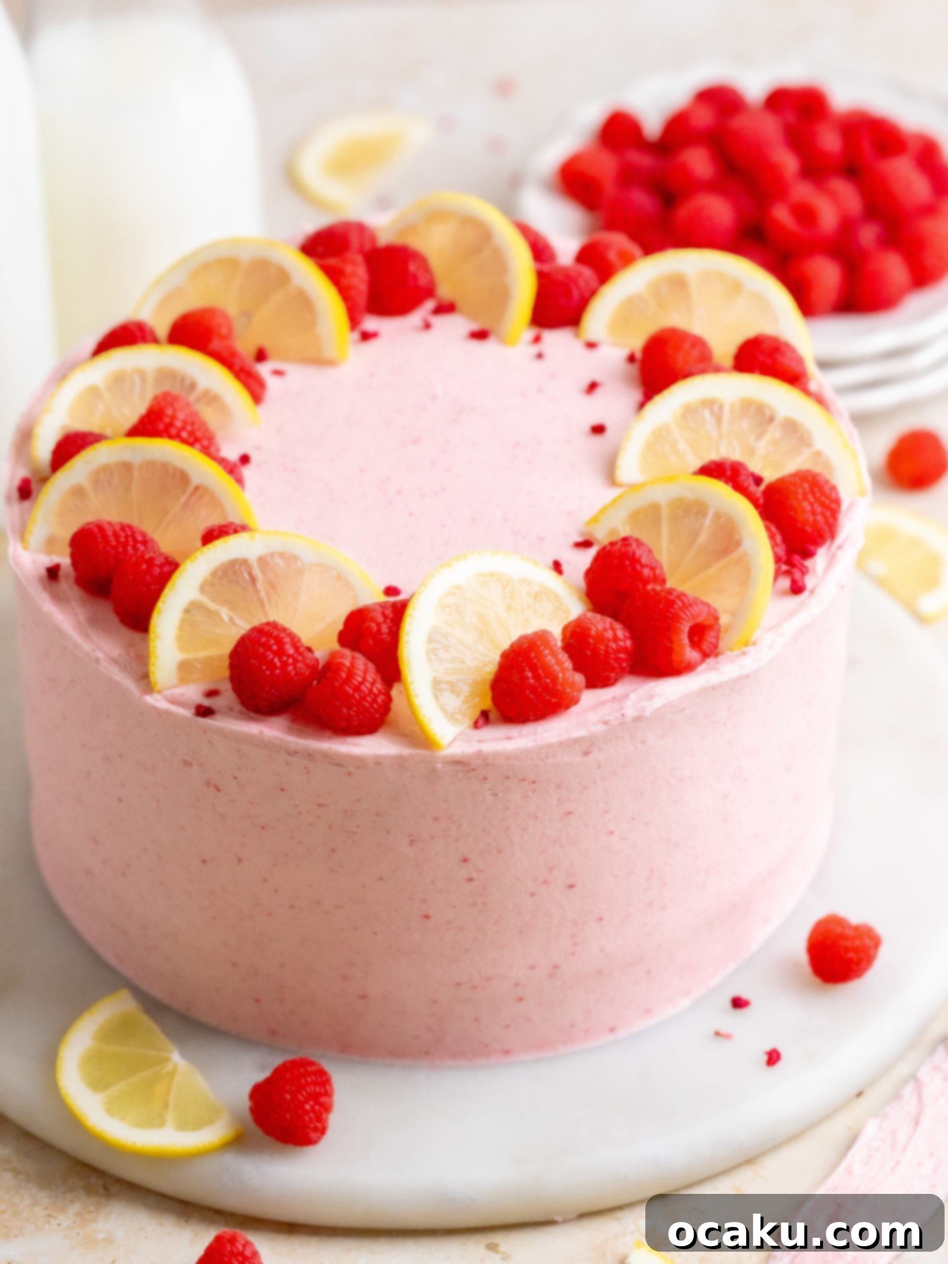 A slice of lemon raspberry cake on a white plate, showing the layers of lemon cake, raspberry buttercream, and raspberry jam.