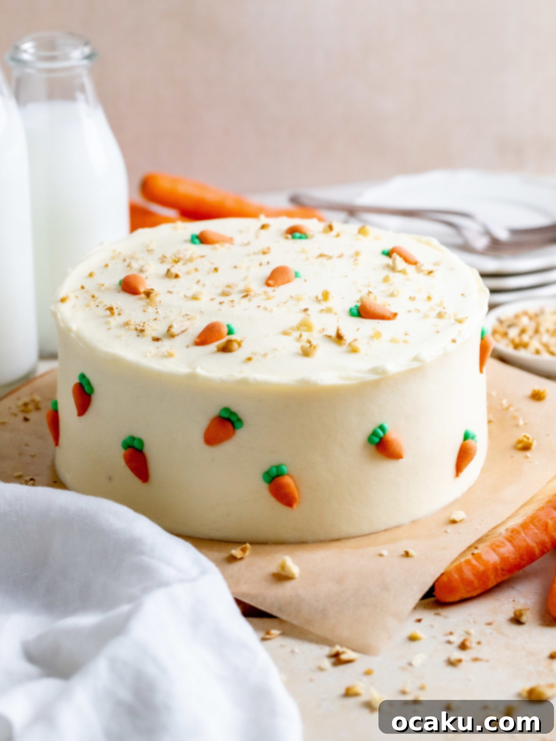Decorating carrot cake with walnuts and sprinkles