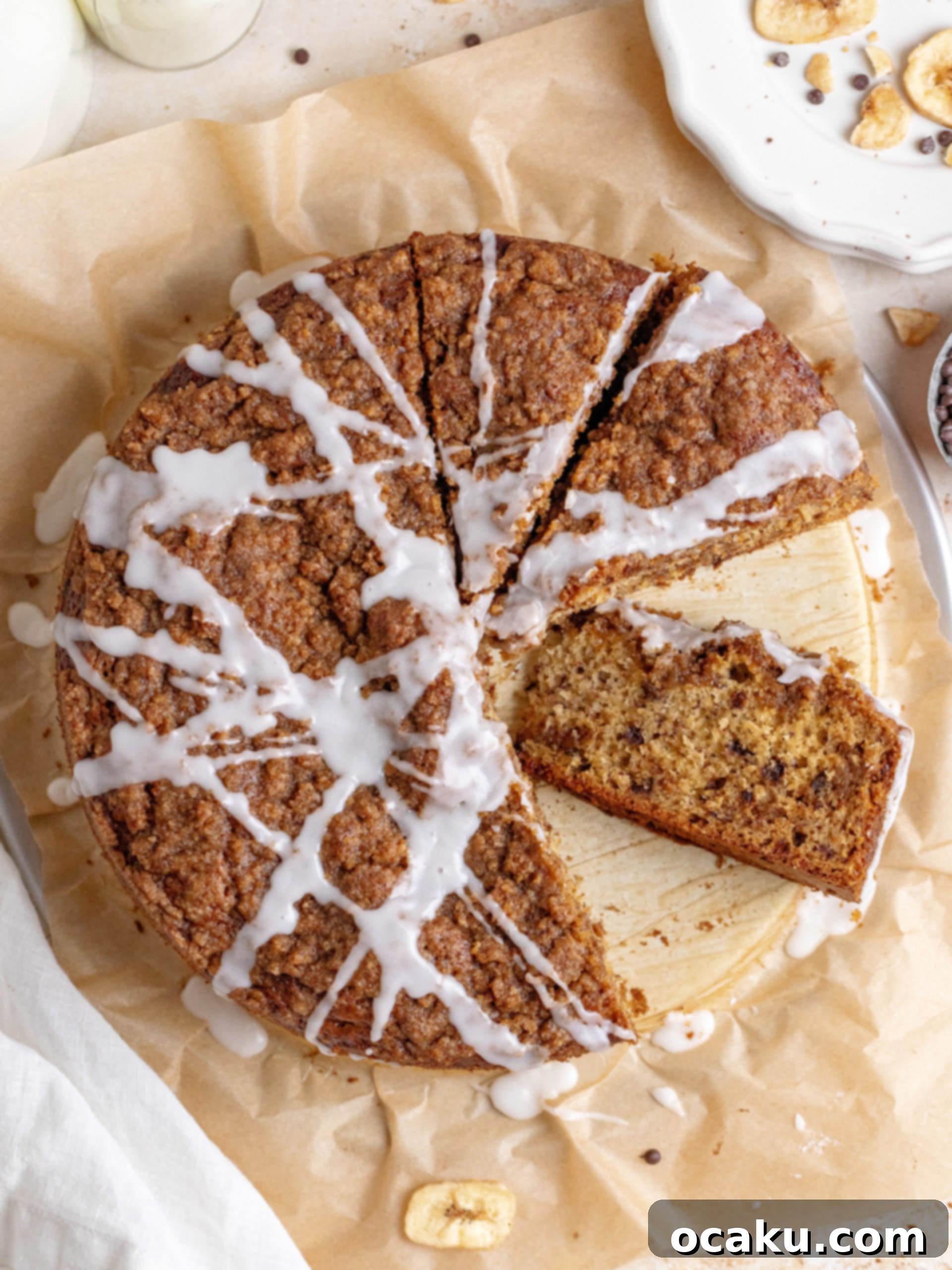 Close-up of brown butter banana coffee cake with generous streusel topping