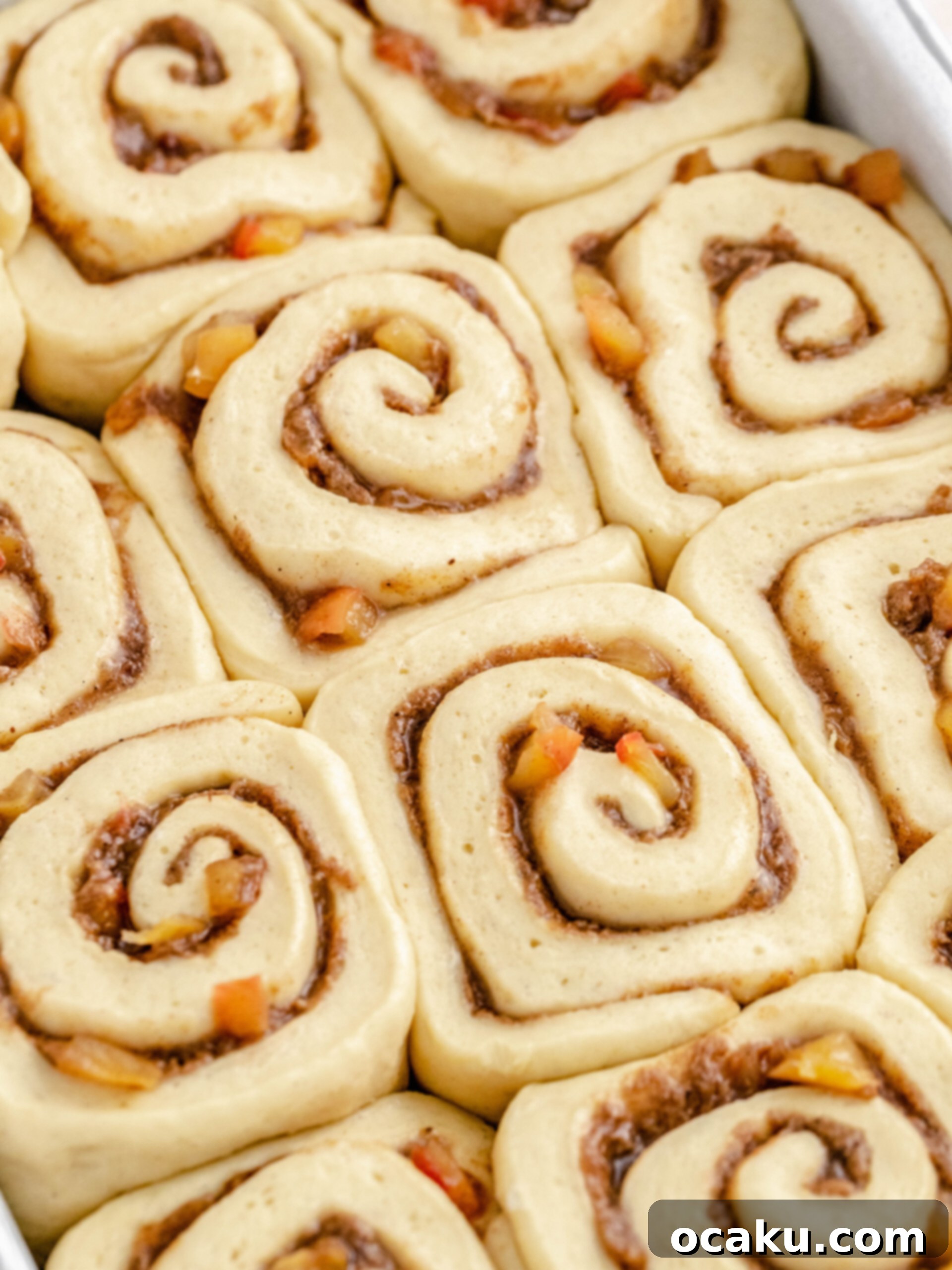 Unbaked cinnamon rolls with apple pie filling arranged in a baking pan, ready for proofing.