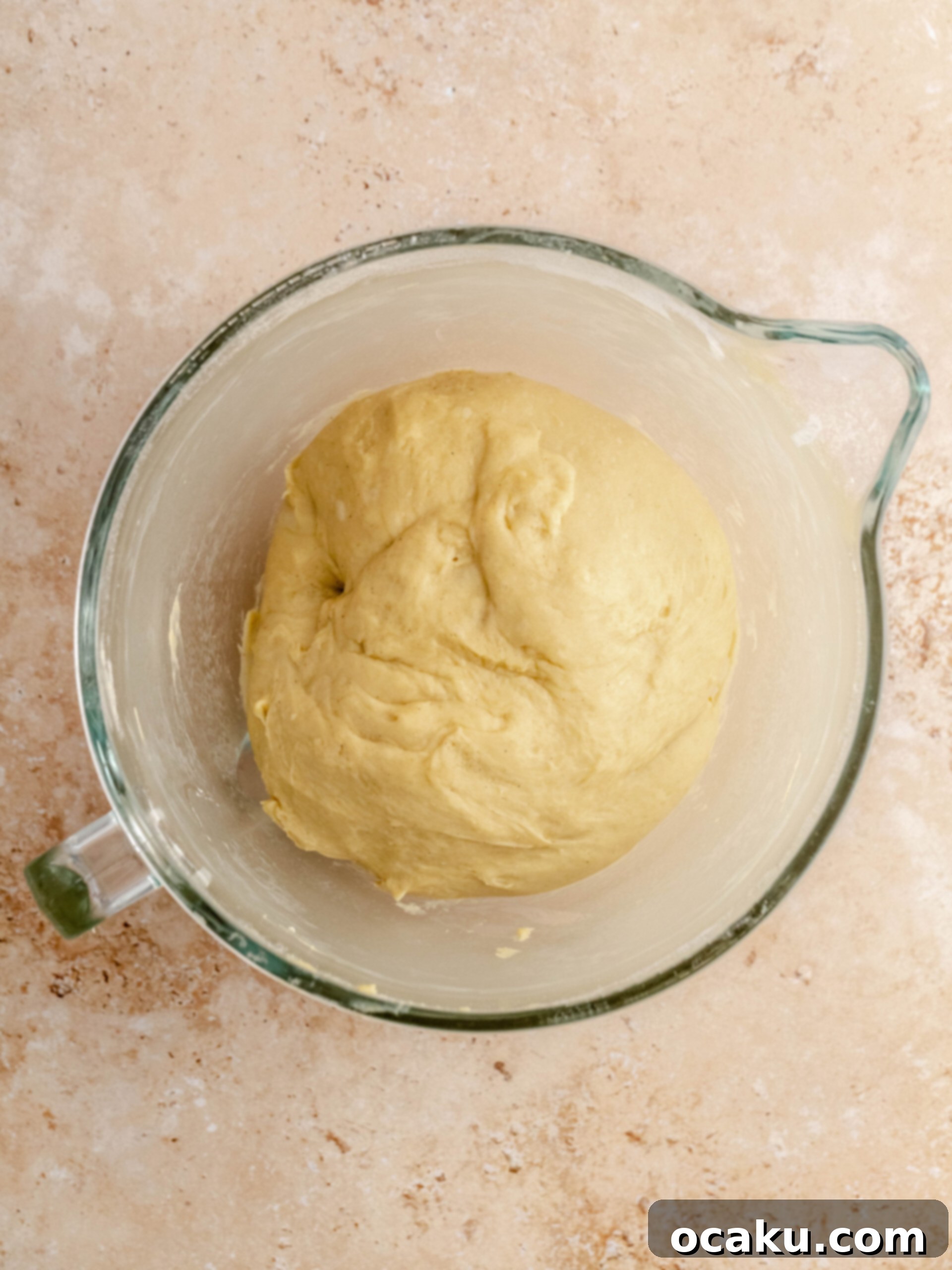 Soft dough in a mixing bowl before its first proofing.