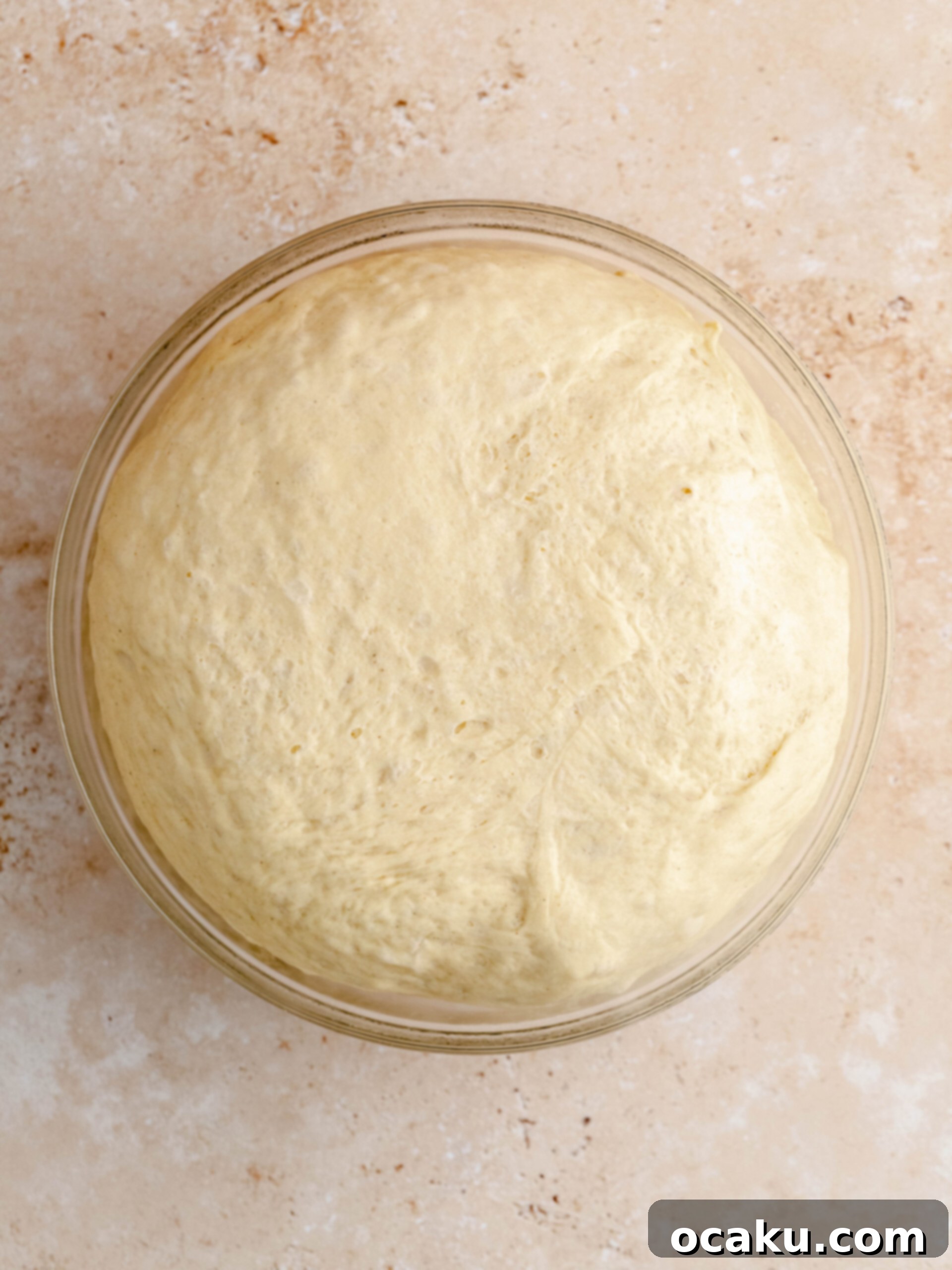 Light and airy dough in a bowl after it has successfully proofed and doubled in size.