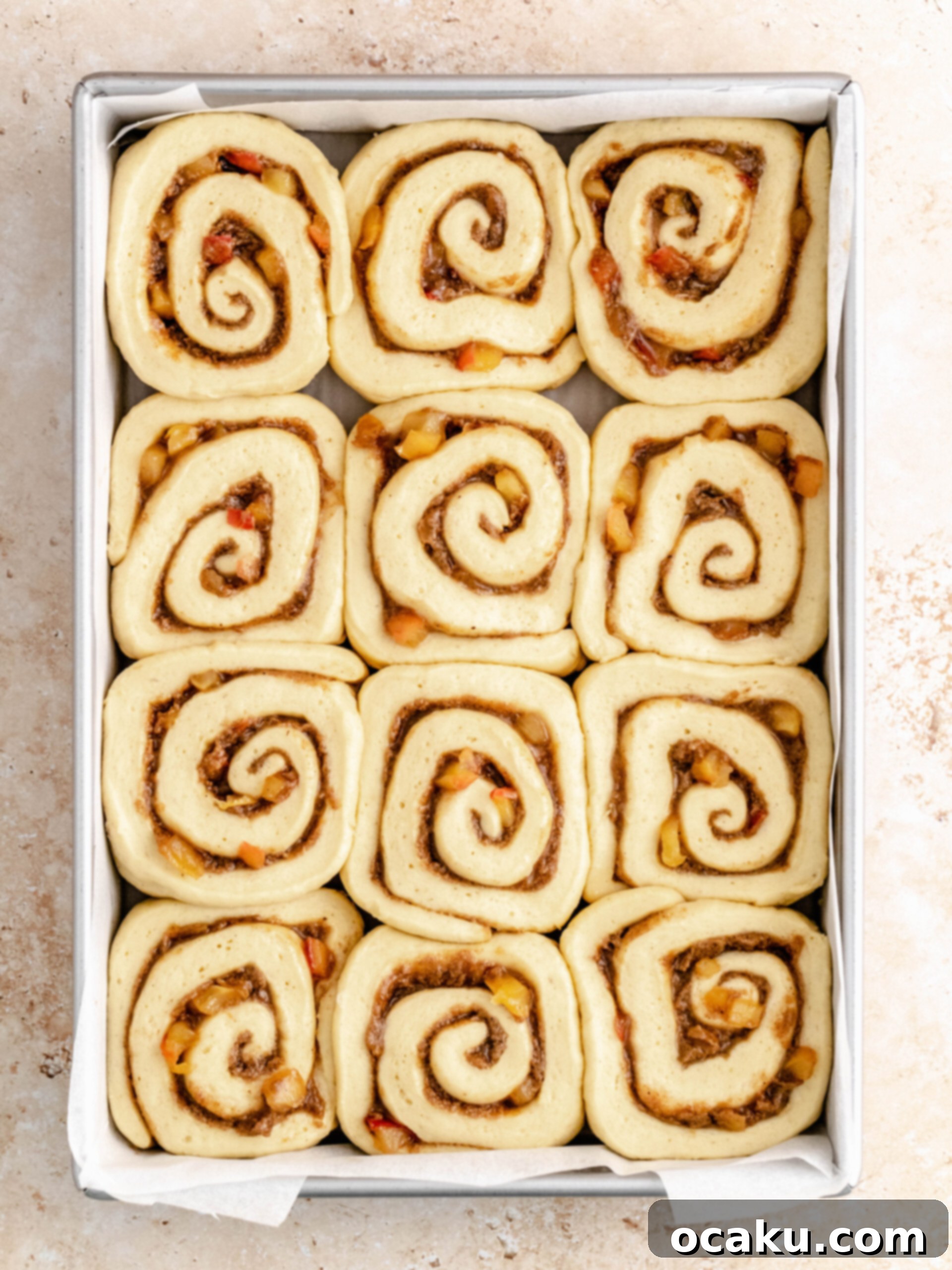 Fluffy cinnamon rolls with apple pie filling in a baking pan, risen and ready for baking after their second proofing.