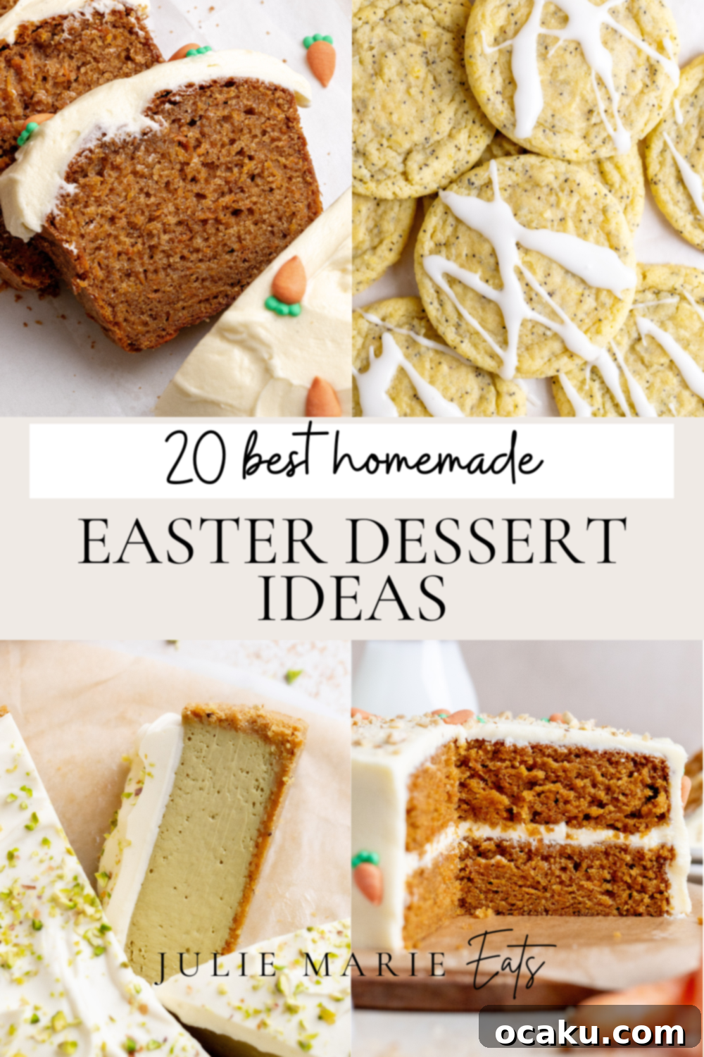 An assortment of delicious Easter desserts, including carrot cake, lemon poppy seed cookies, and raspberry tiramisu, ready for celebration