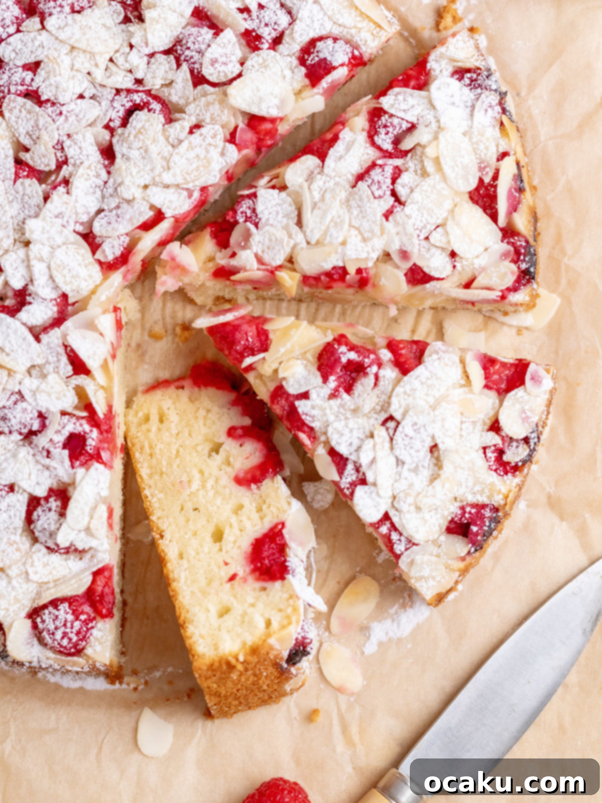 A moist almond cake topped with vibrant fresh raspberries and crunchy almond flakes