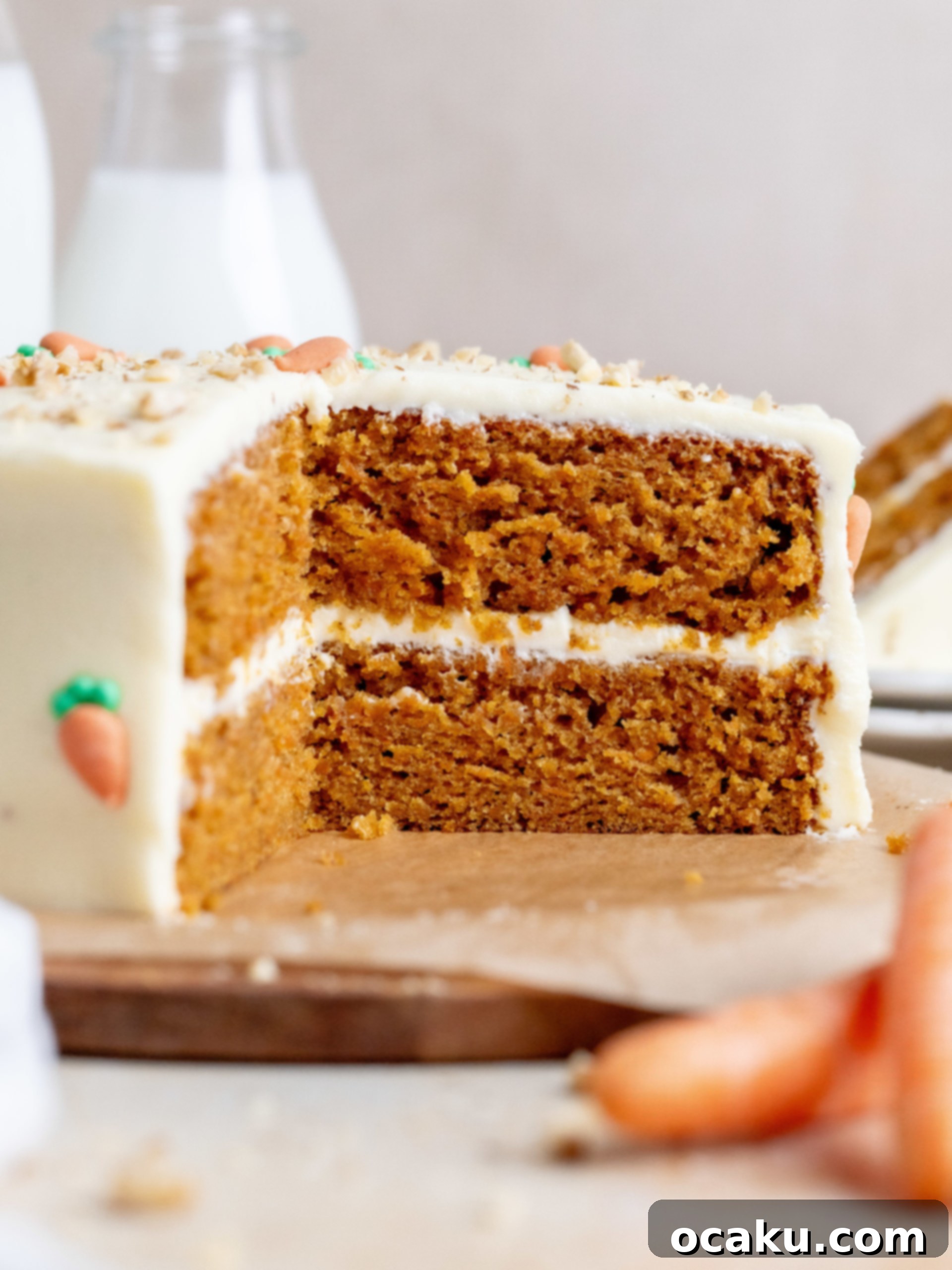 A beautifully frosted classic carrot cake with creamy cream cheese frosting and spiced layers
