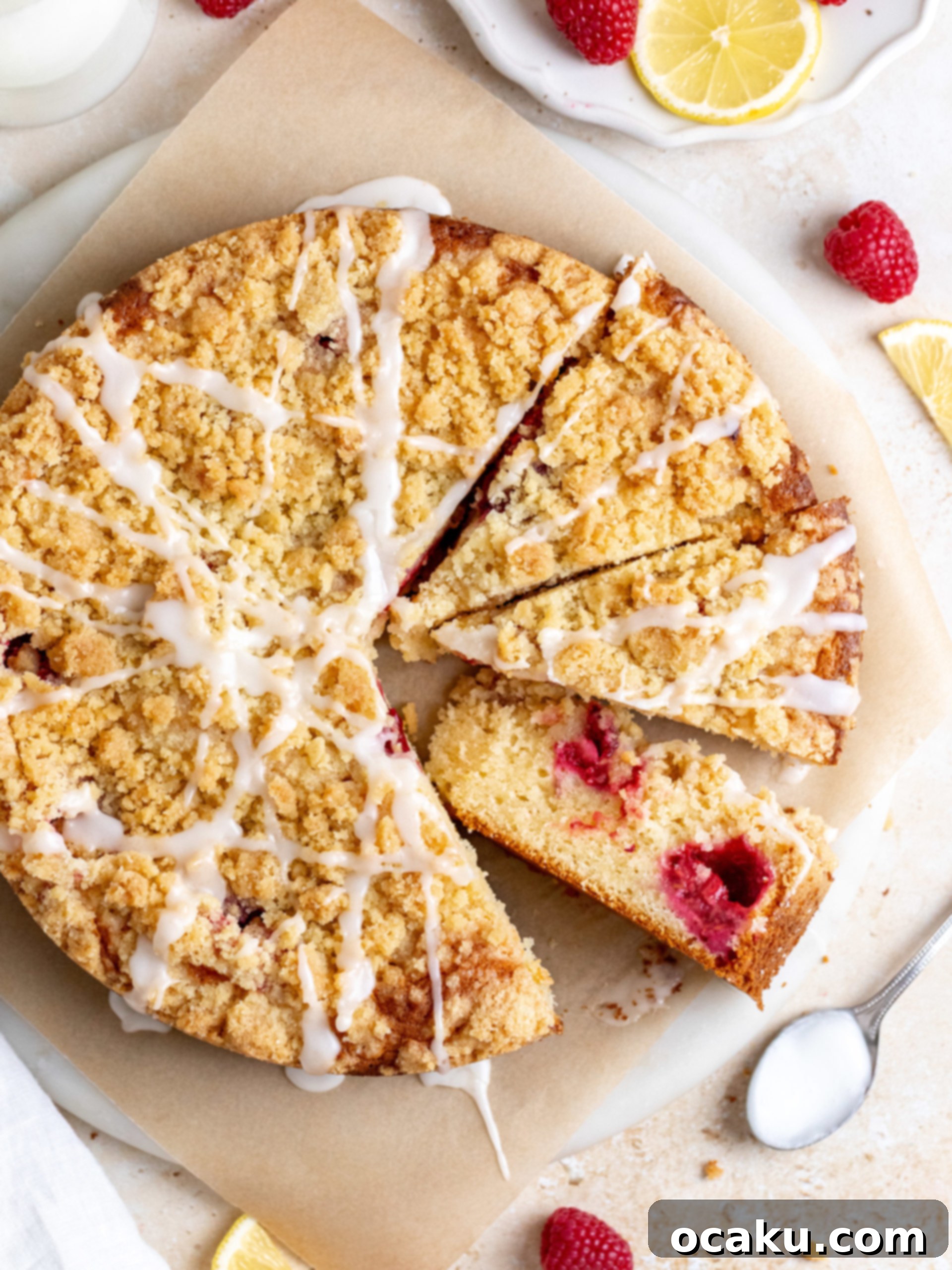 Zesty Raspberry Coffee Cake 3 Close-up of the delicious streusel topping on the raspberry lemon coffee cake.