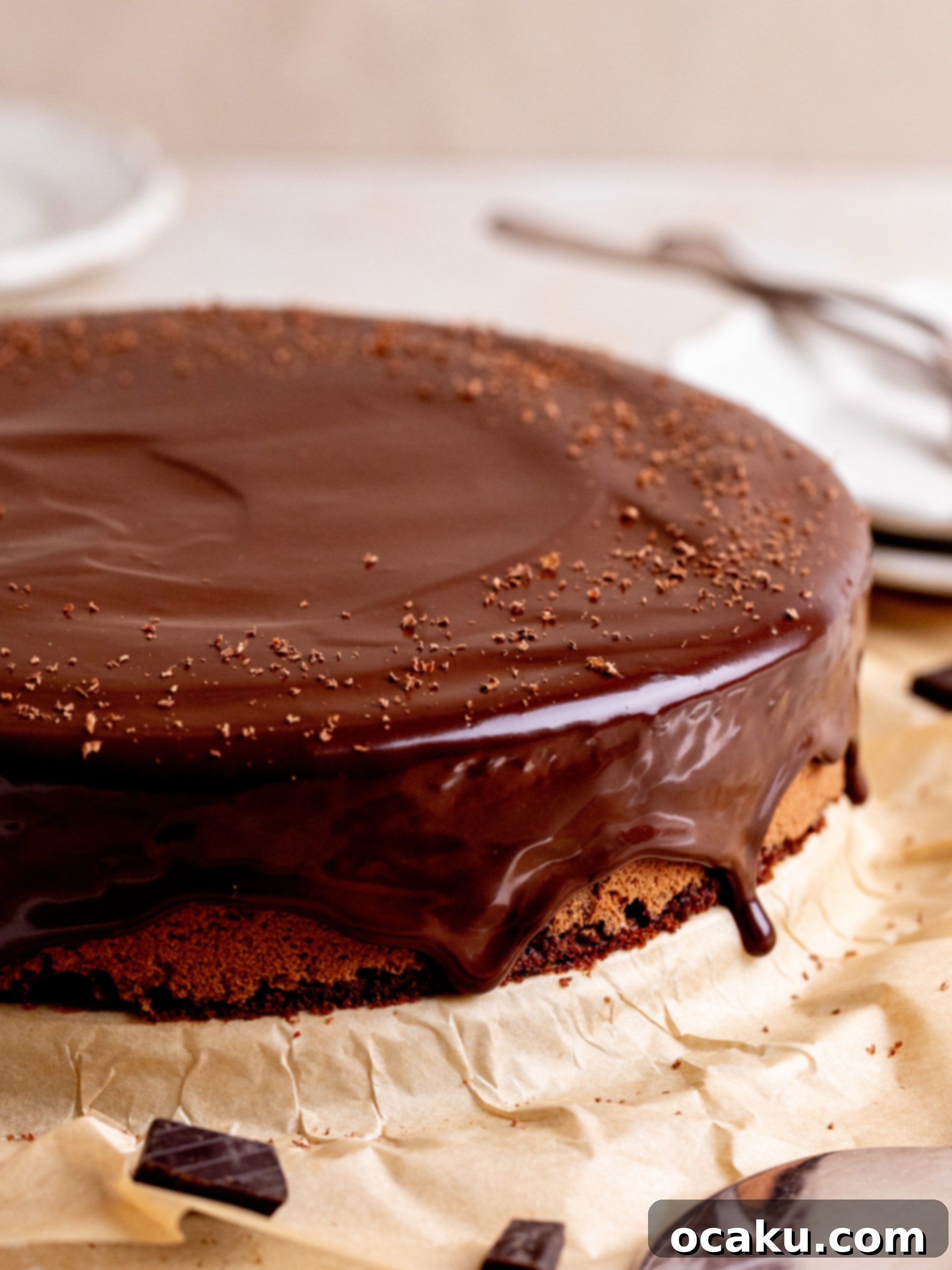 Chocolate mousse cake topped with glossy chocolate ganache.