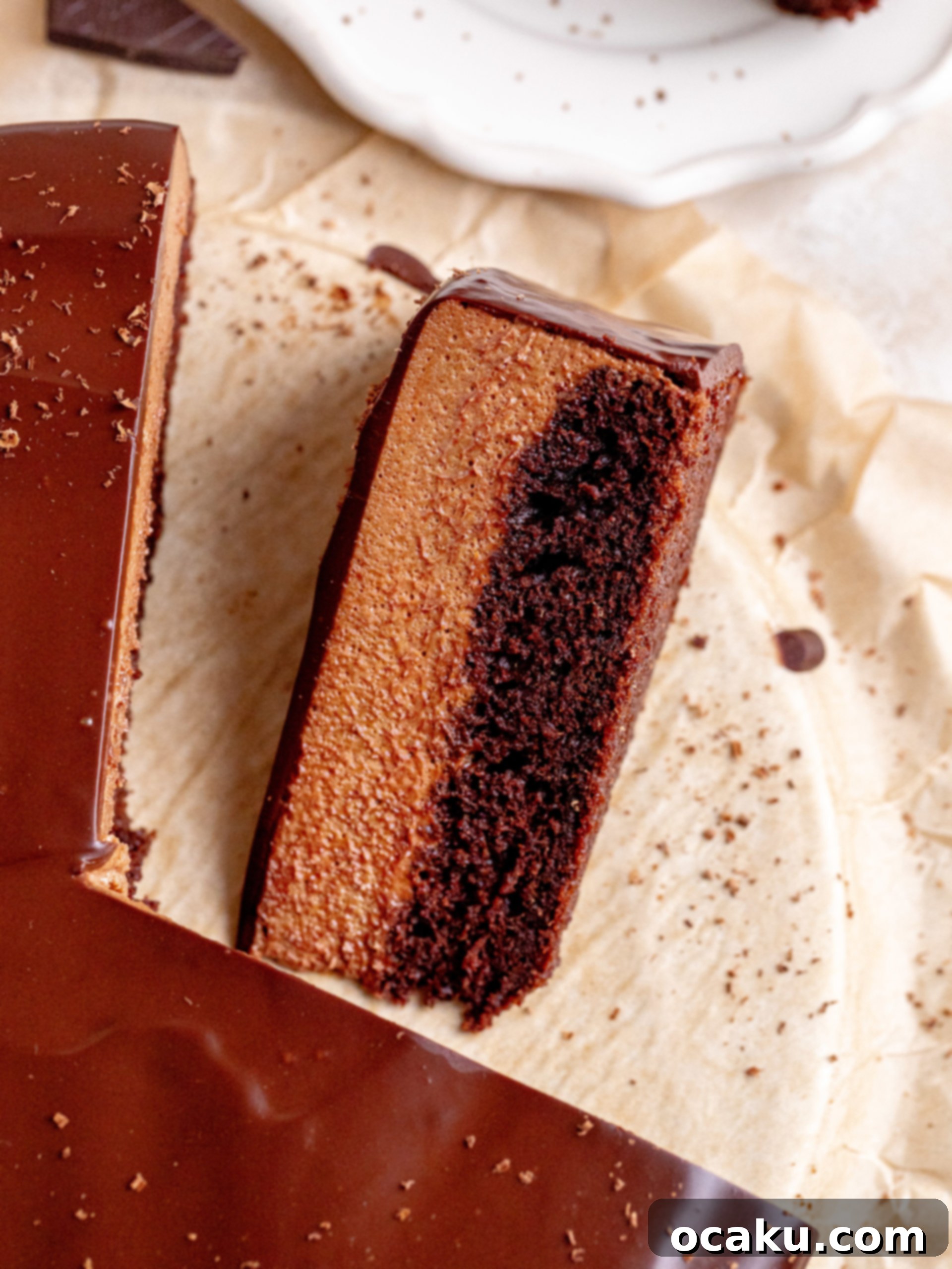 Close-up of a slice of chocolate mousse cake.