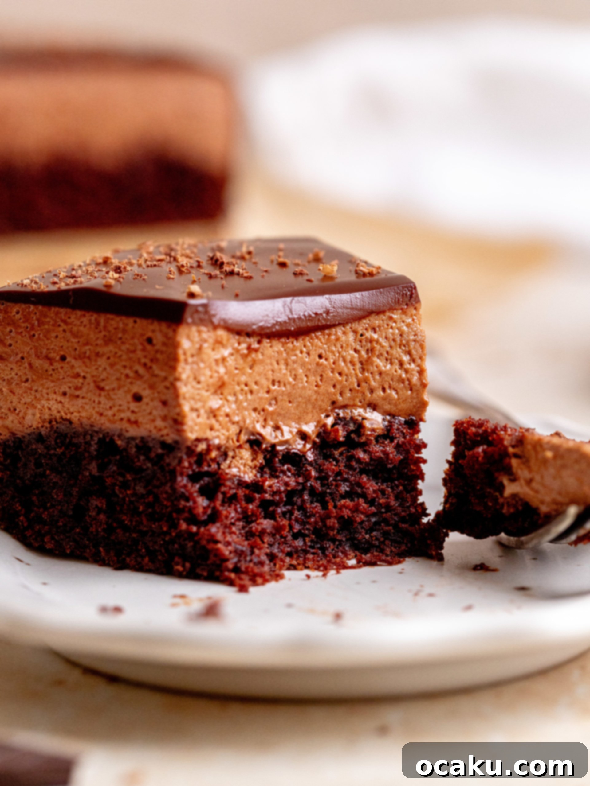 Side view of a perfectly sliced chocolate mousse cake.