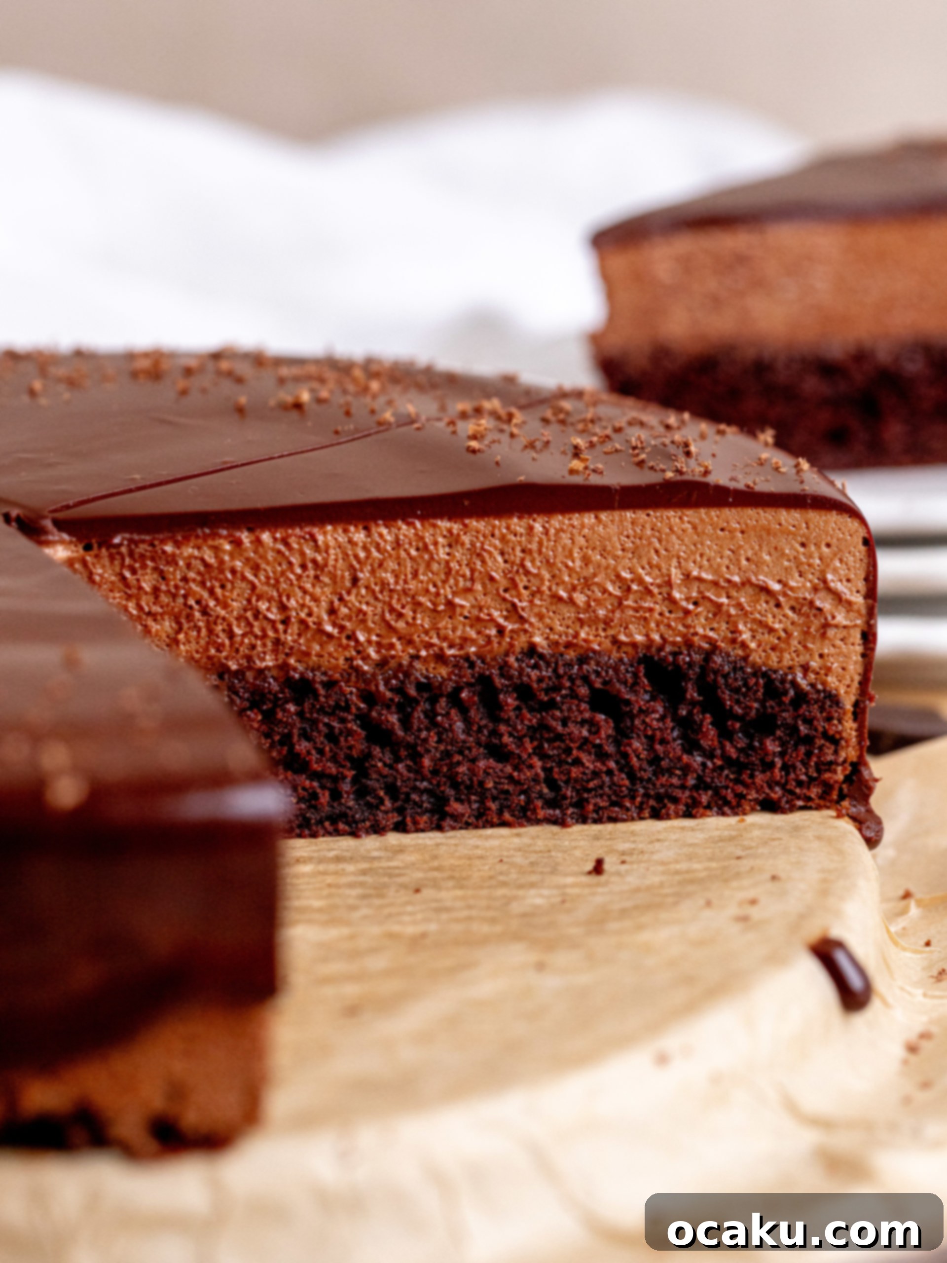 Close-up of the chocolate mousse layer on the cake before ganache is added.