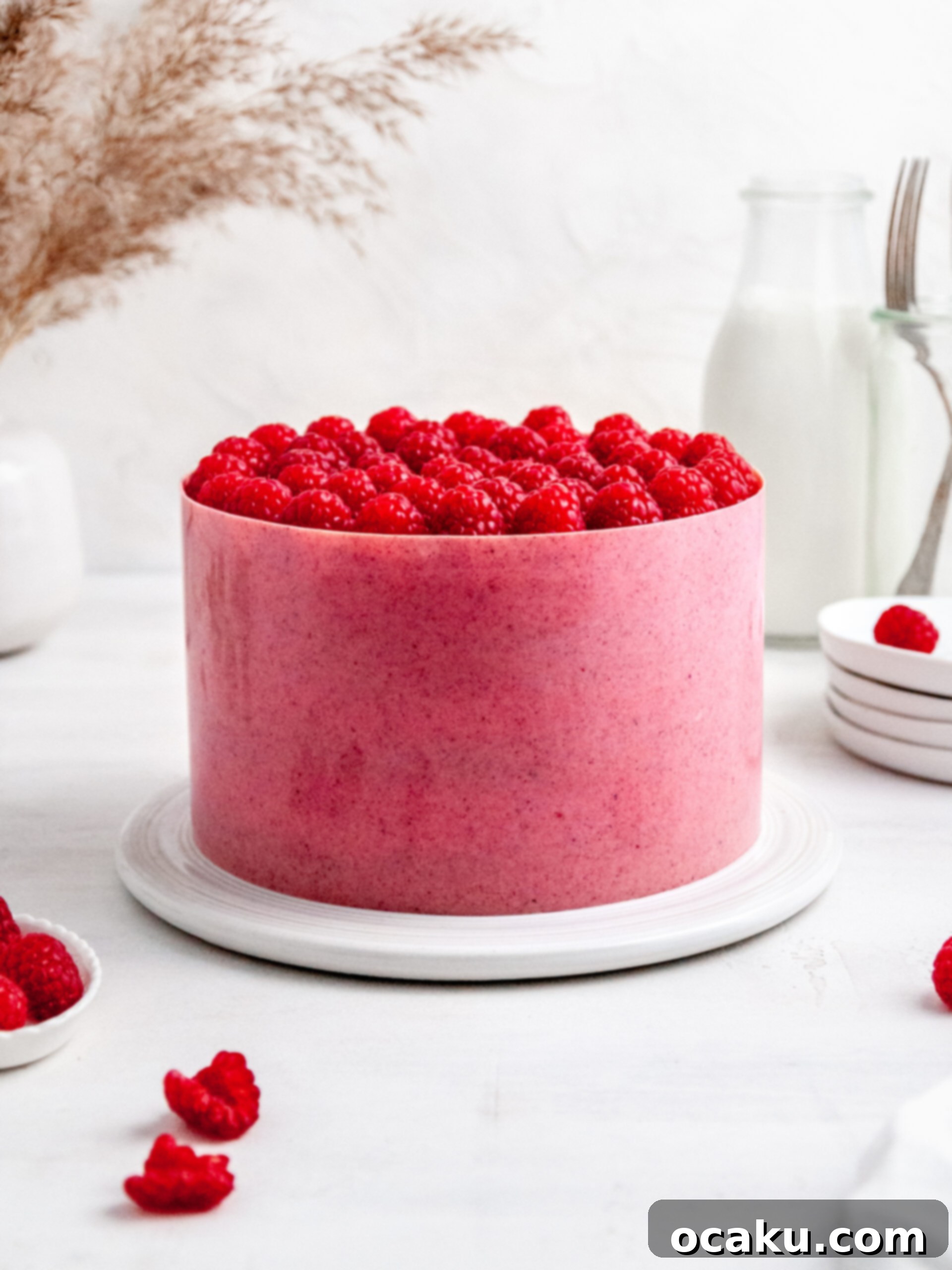 A stunning Raspberry and Rhubarb Mousse Layer Cake on an elegant cake stand, adorned with fresh raspberries.