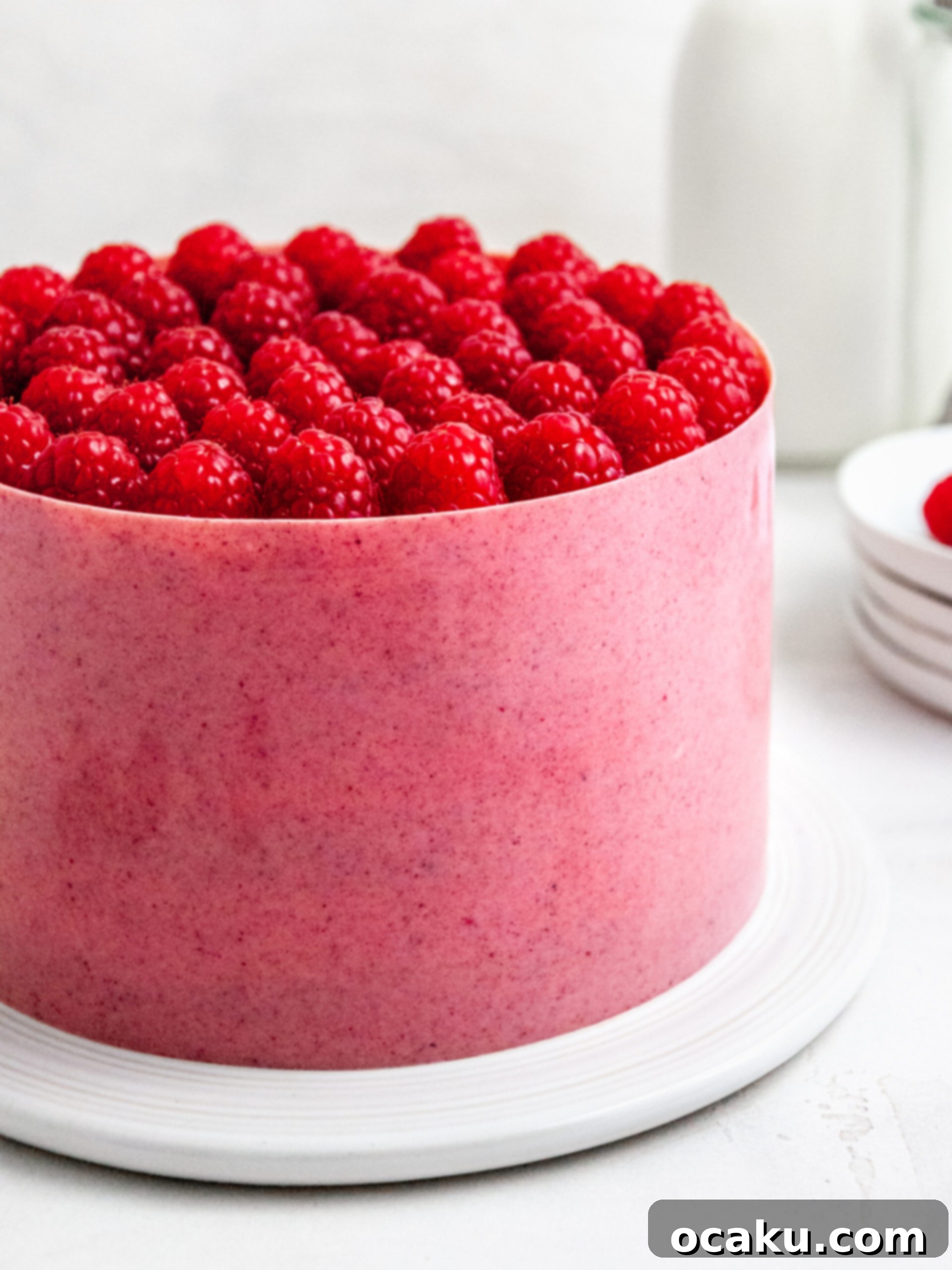 Close-up of a Raspberry and Rhubarb Mousse Layer Cake showing the detailed chocolate collar and fresh raspberry decoration.