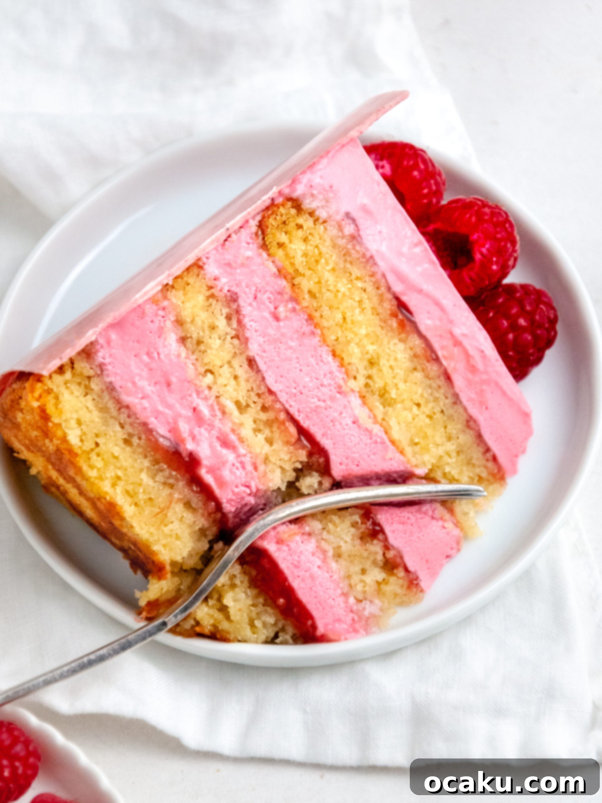 A perfectly cut slice of Raspberry and Rhubarb Mousse Layer Cake revealing all its beautiful layers.