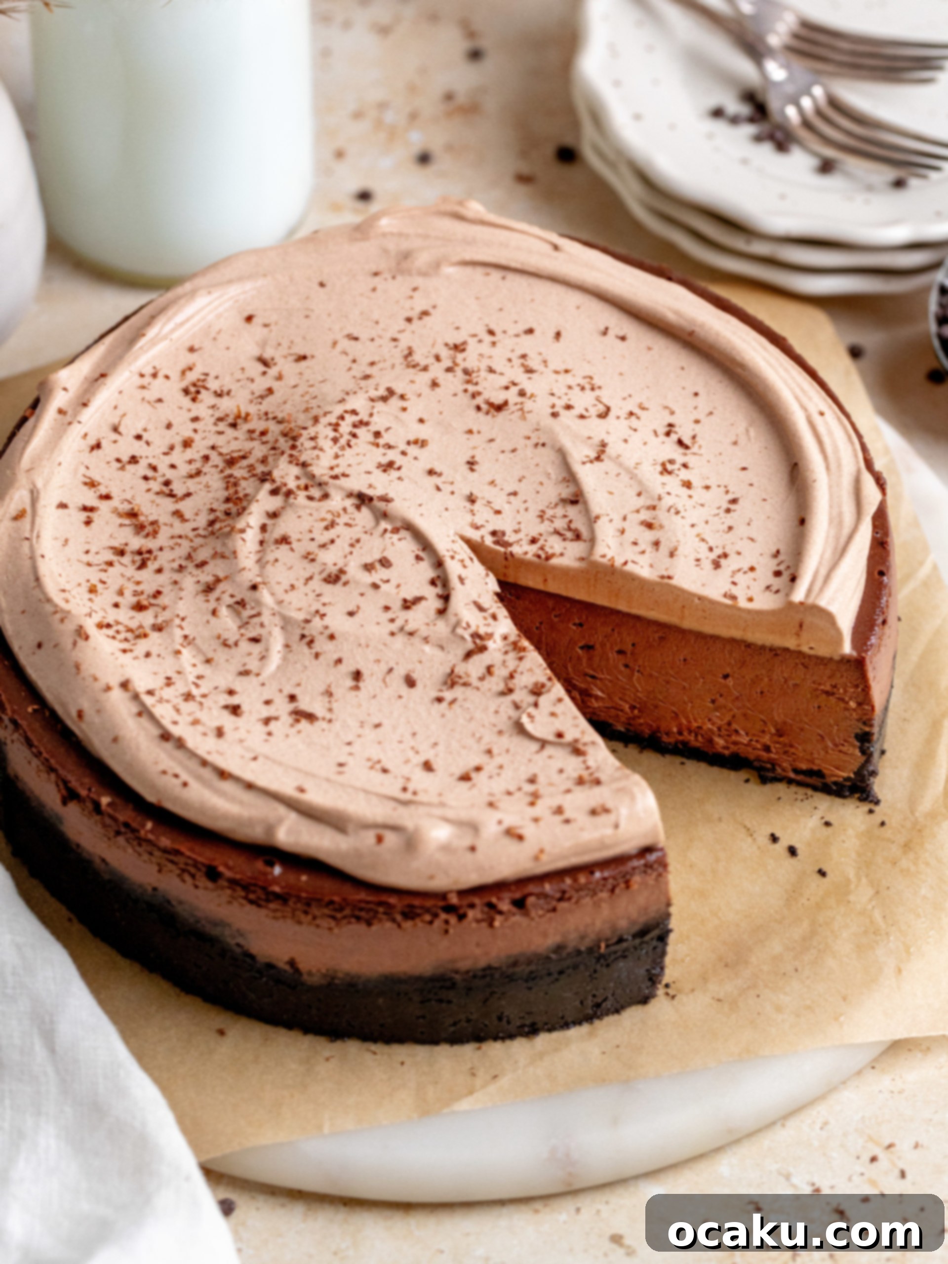 Decadent Chocolate Cheesecake 12 A beautifully decorated chocolate cheesecake with swirls of whipped dark chocolate ganache and chocolate shavings on top, ready to serve.