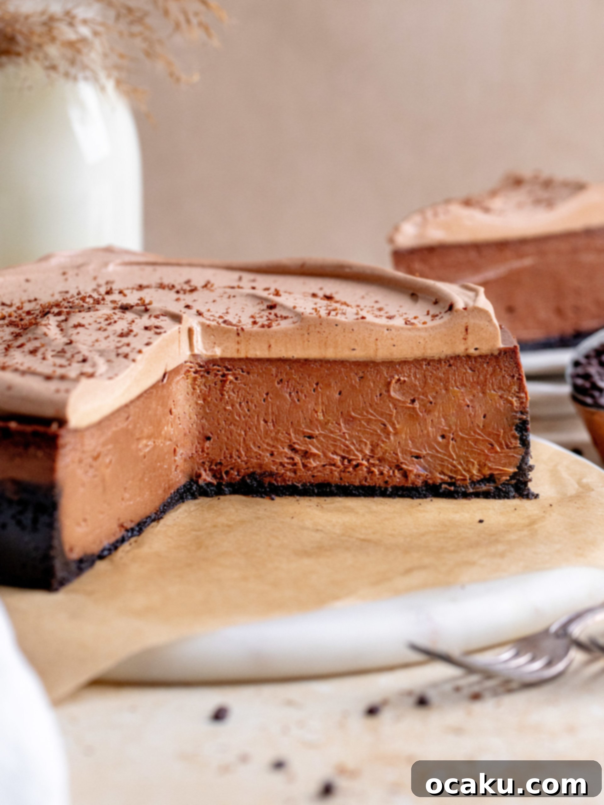 Decadent Chocolate Cheesecake 3 A slice of creamy chocolate cheesecake on a white plate, showcasing the rich filling and crisp Oreo crust.