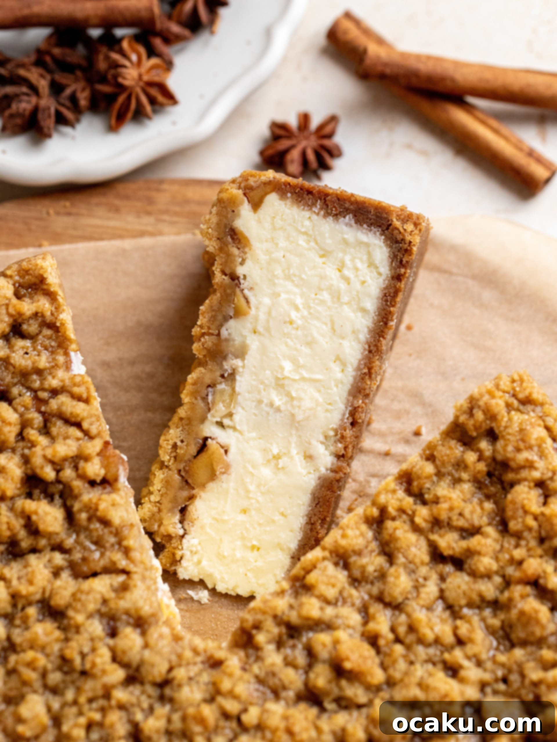 Delicious Apple Crumble Cheesecake topped with cinnamon apples and crunchy streusel.