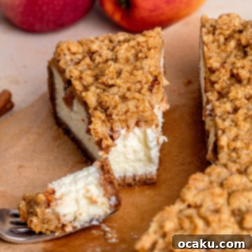 A delicious slice of Apple Crumble Cheesecake on a plate.
