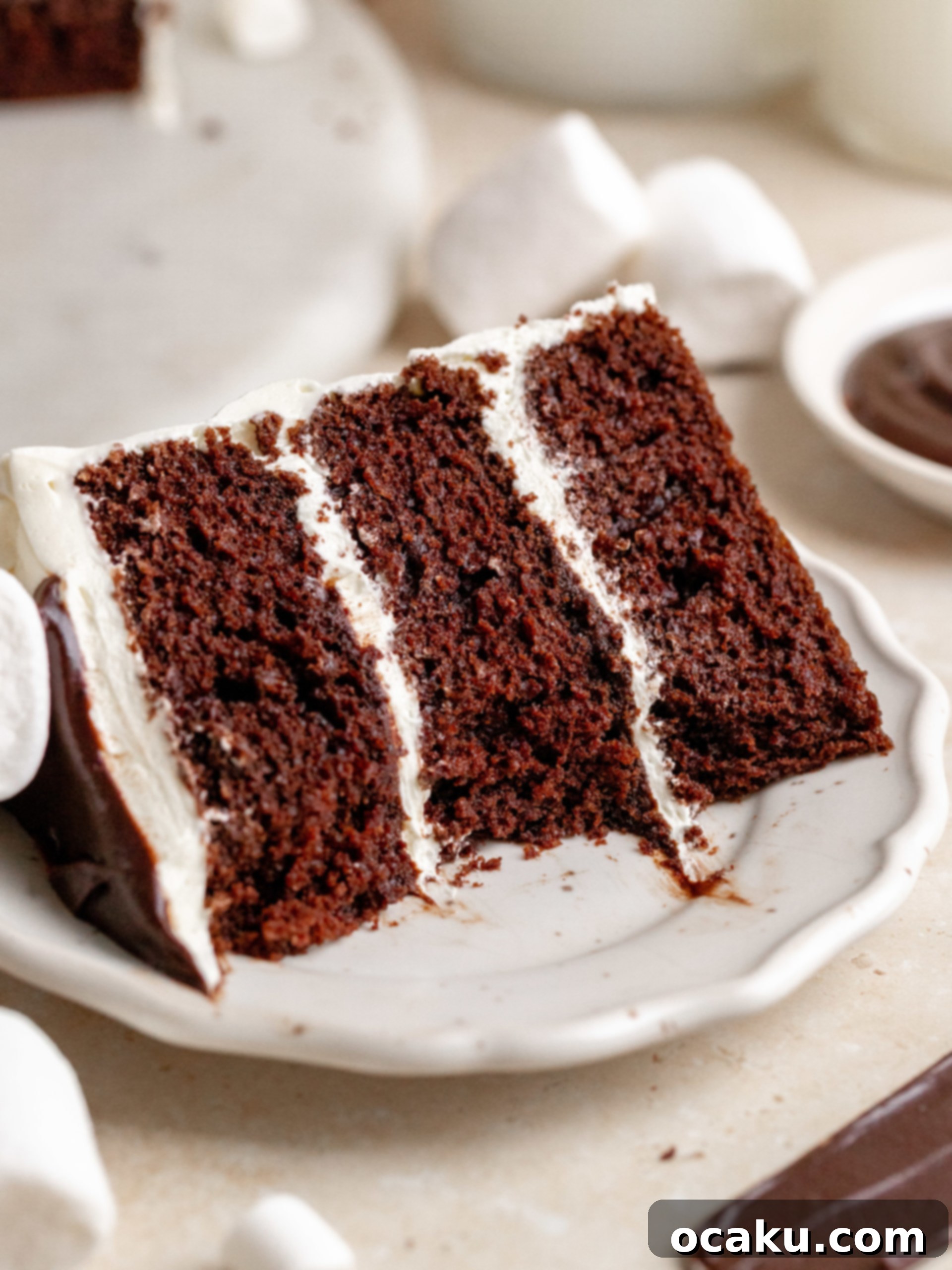 A large slice of Hot Chocolate Layer Cake on a plate, showing the rich layers and toppings.