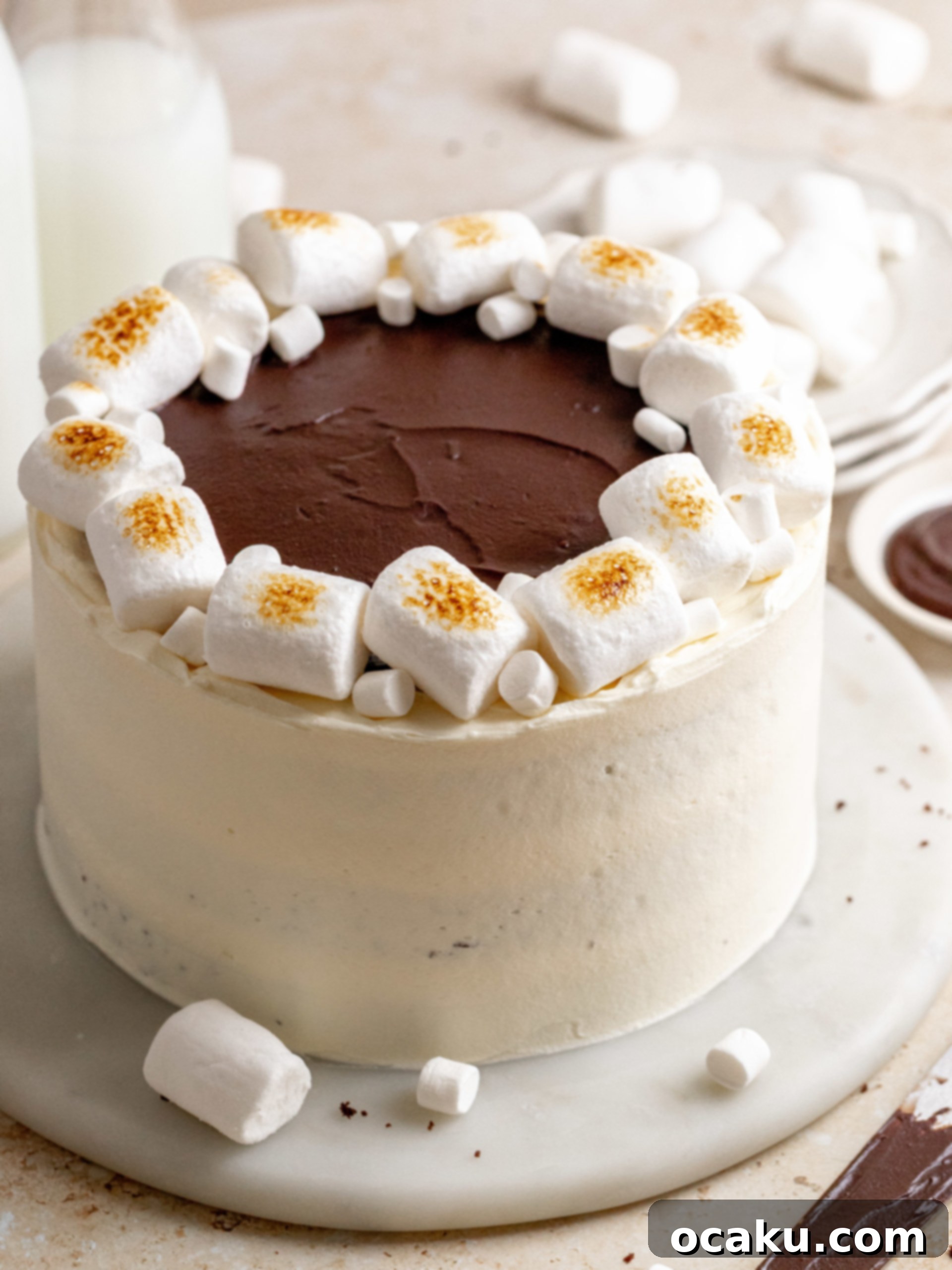 A slice of Hot Chocolate Layer Cake revealing its moist chocolate layers, fluffy marshmallow buttercream, and gooey fudge filling.