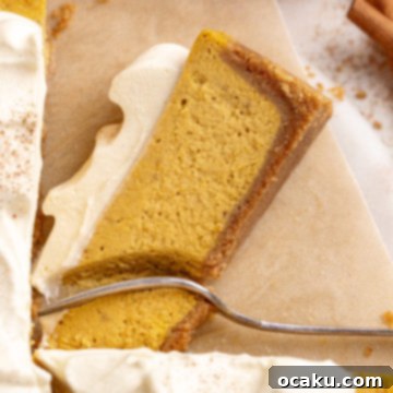 A top-down view of the pumpkin cheesecake with maple whipped cream and a sprinkle of pumpkin spice.