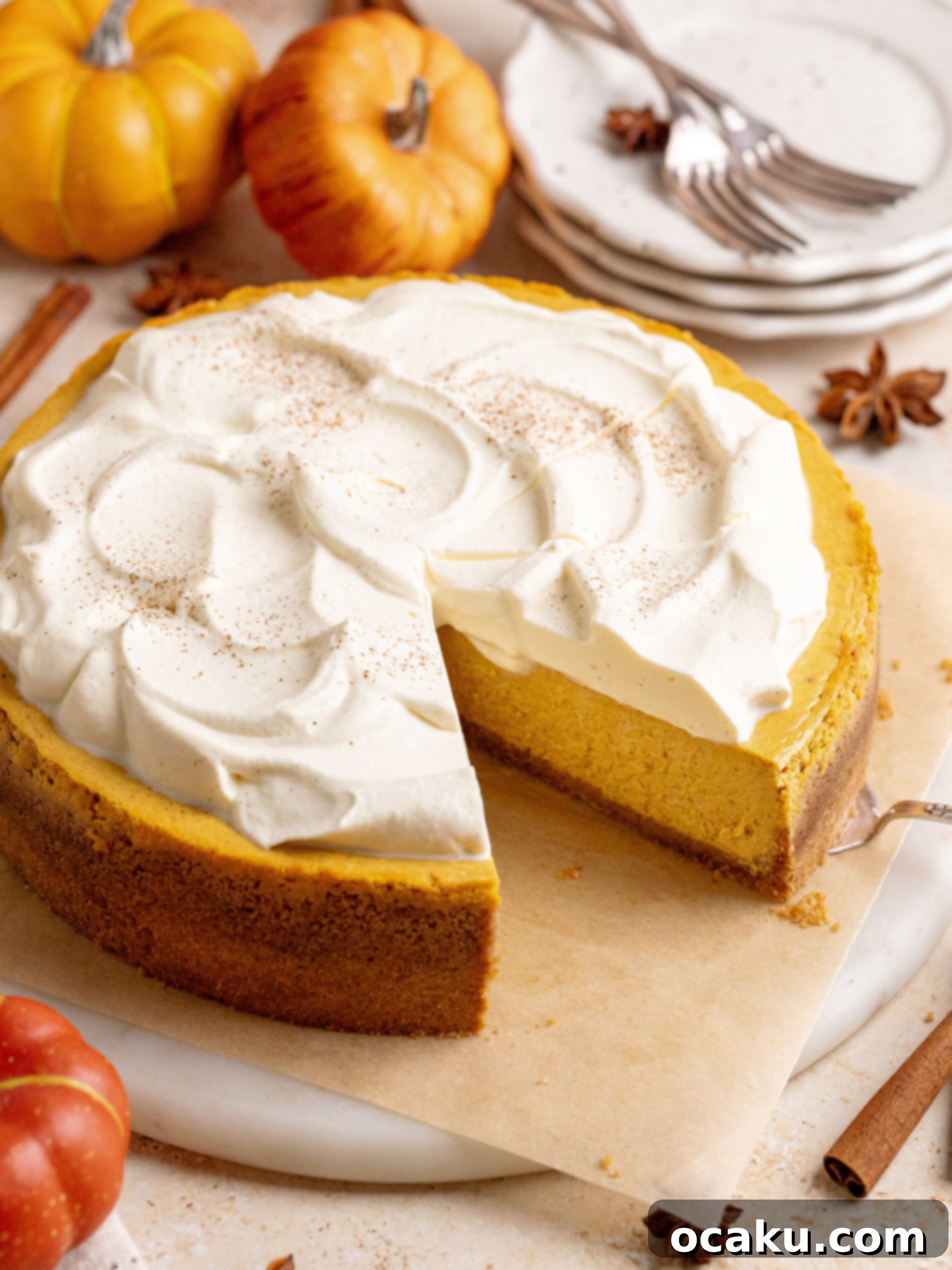 The complete pumpkin cheesecake, beautifully garnished and ready to be served on a pristine white plate.