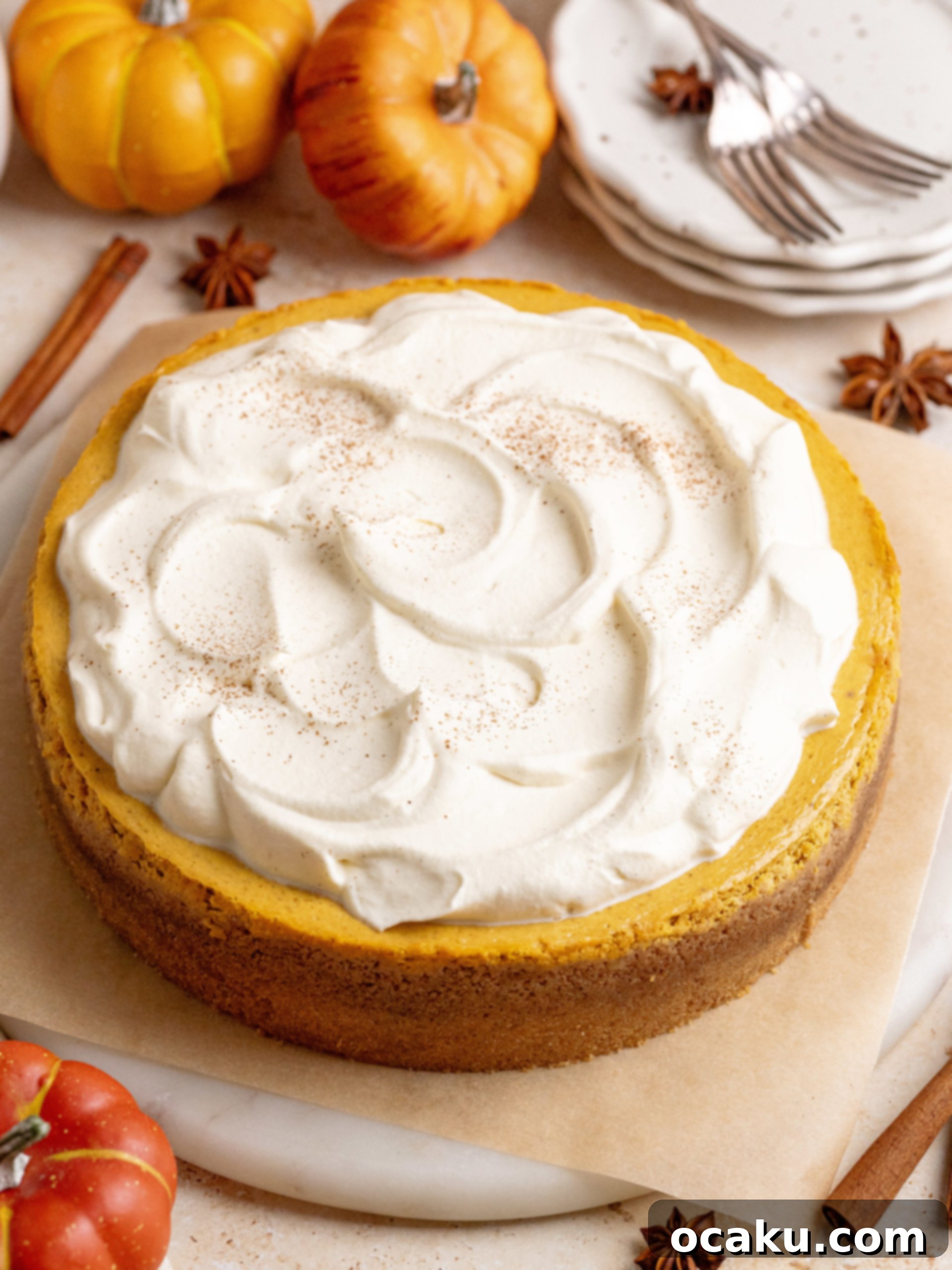 The entire pumpkin cheesecake beautifully topped with swirls of maple whipped cream, ready to serve.