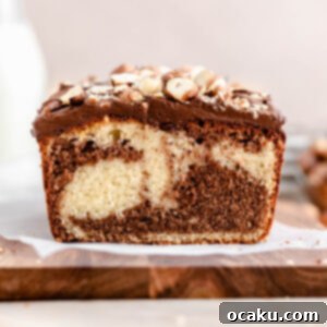 A whole Nutella loaf cake with smooth Nutella and chopped hazelnut frosting.