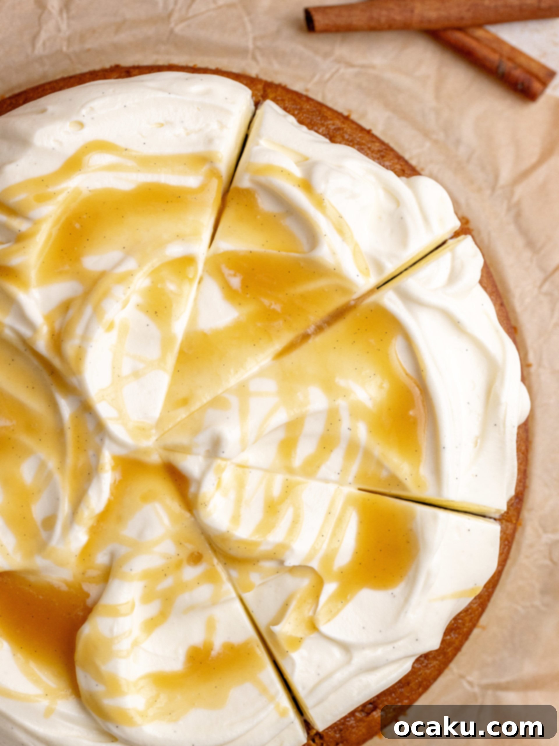 Maple Caramel Pumpkin Cake with Whipped Cream Cheese 3 Close-up of the delicious brown butter pumpkin cake with the delicate texture of the whipped cream cheese and glossy maple caramel.